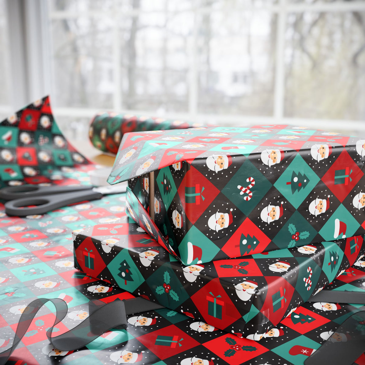 Christmas Checkered Santa Wrapping Paper | Holiday Gift Wrapping Paper Roll
