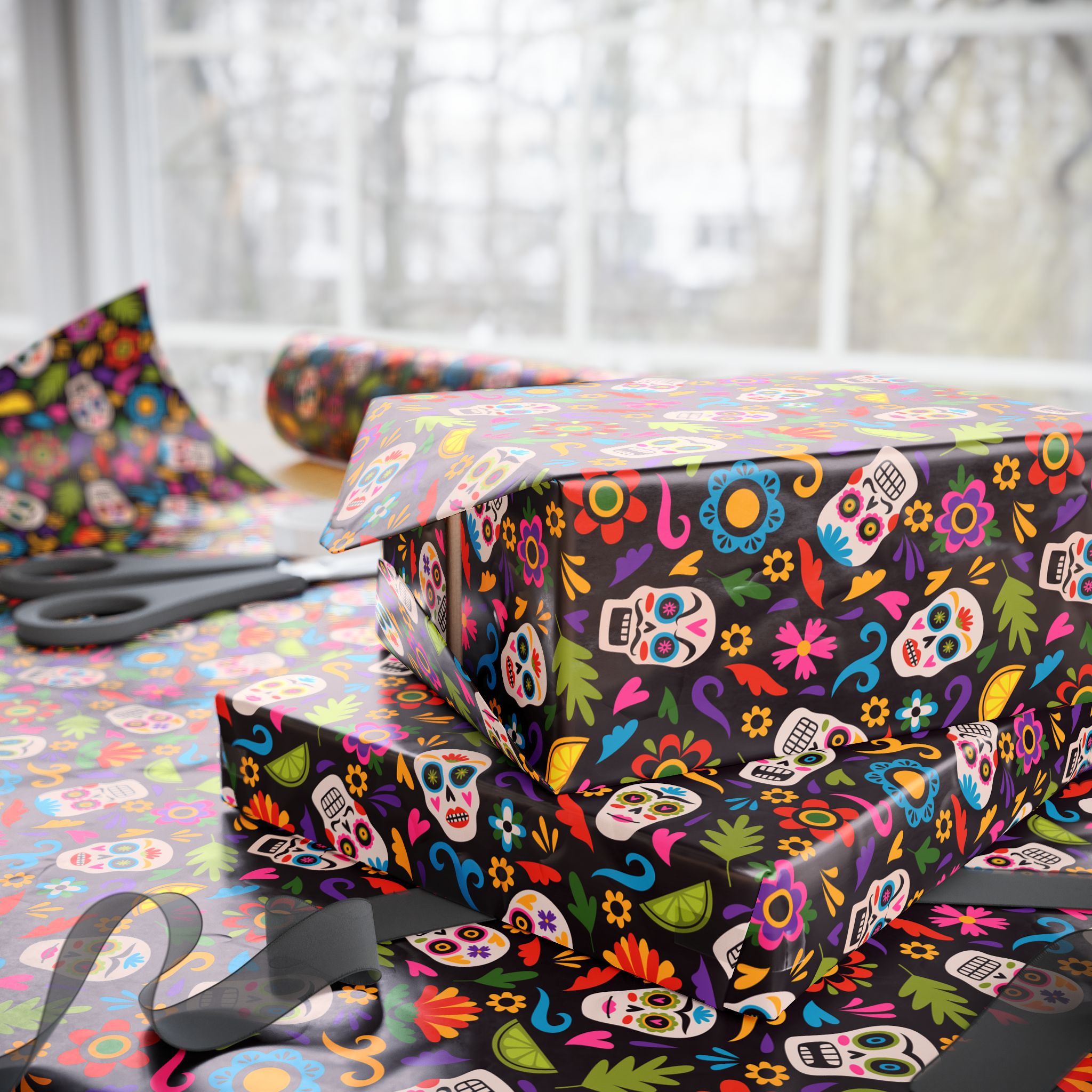 Day of the Dead Calavera Festival Wrapping Paper | Holiday Gift Wrapping Paper Roll
