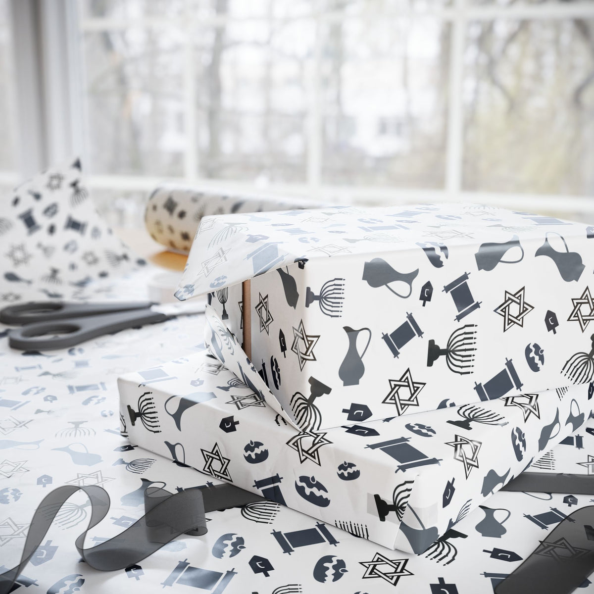 Hanukkah Monochrome Menorah Wrapping Paper | Holiday Gift Wrapping Paper Roll