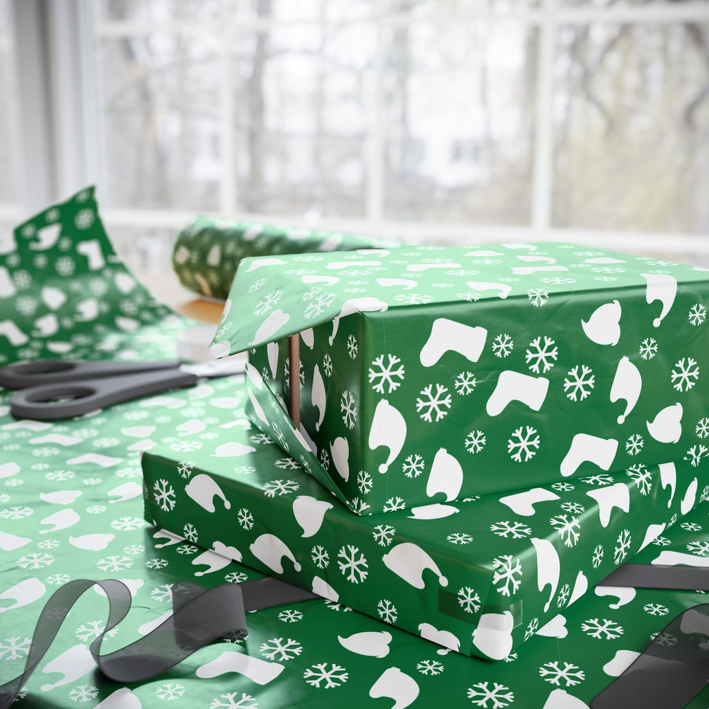 Christmas Stockings on Green Wrapping Paper | Holiday Gift Wrapping Paper Roll
