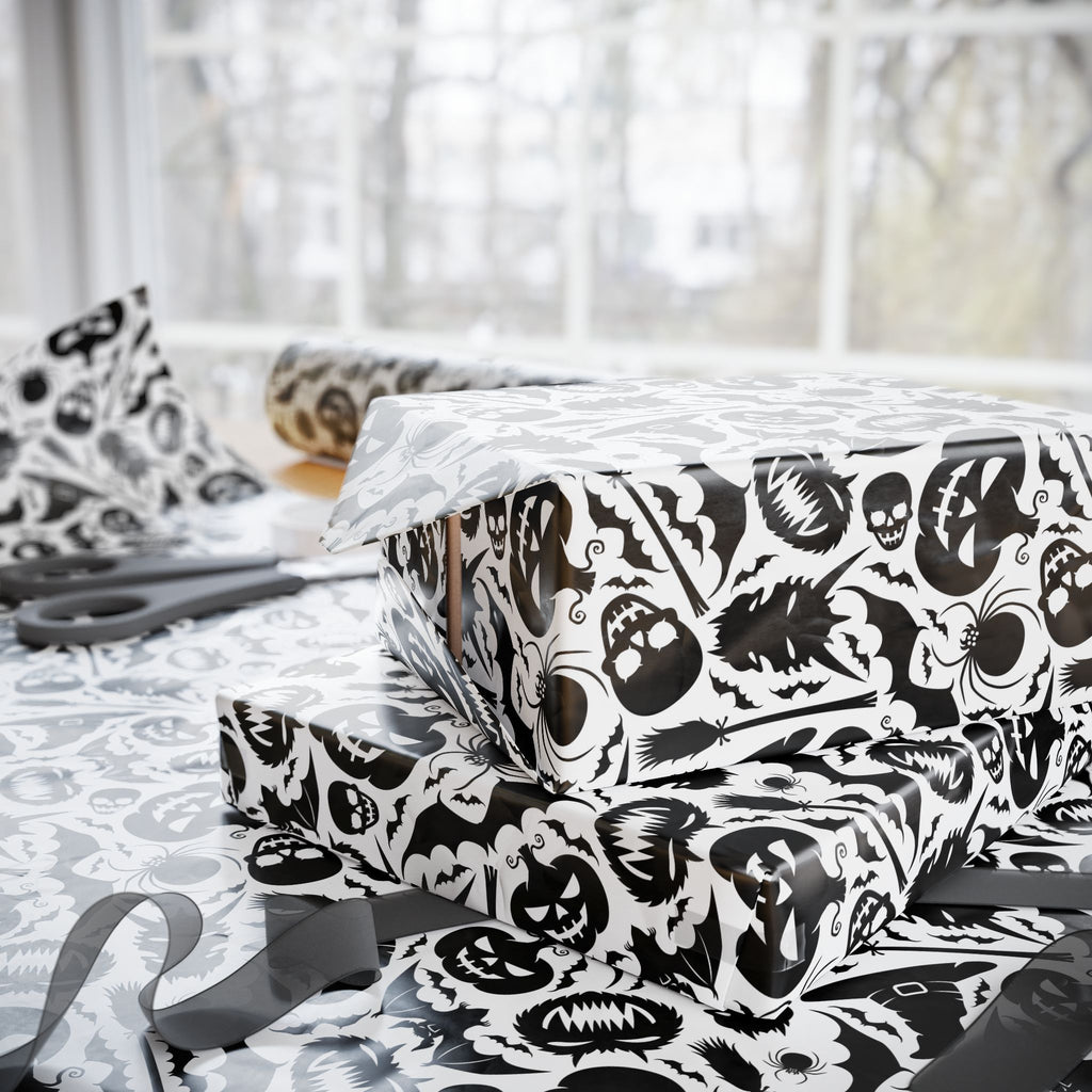 Halloween Black & White Bats Wrapping Paper | Holiday Gift Wrapping Paper Roll