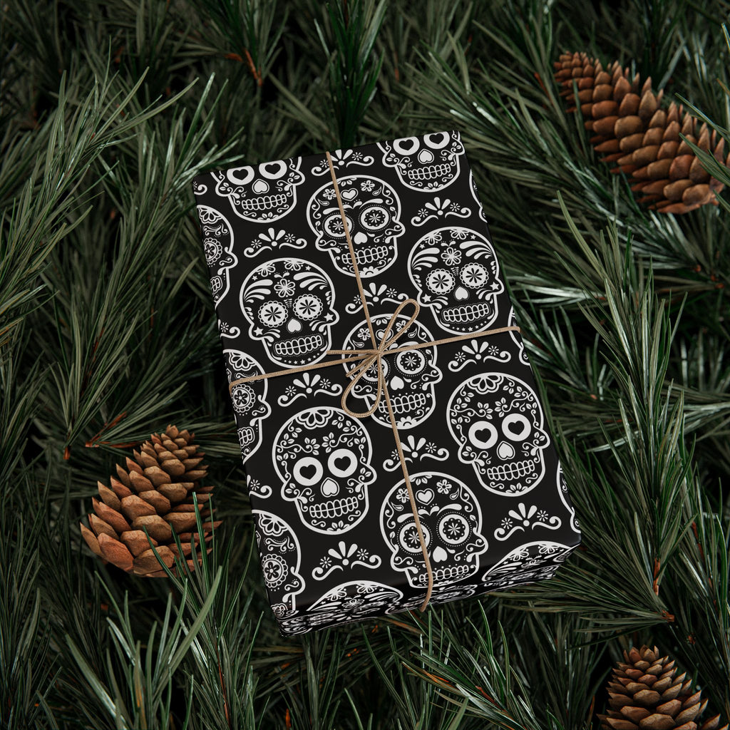 Day of the Dead Black & White Sugar Skulls Wrapping Paper | Holiday Gift Wrapping Paper Roll