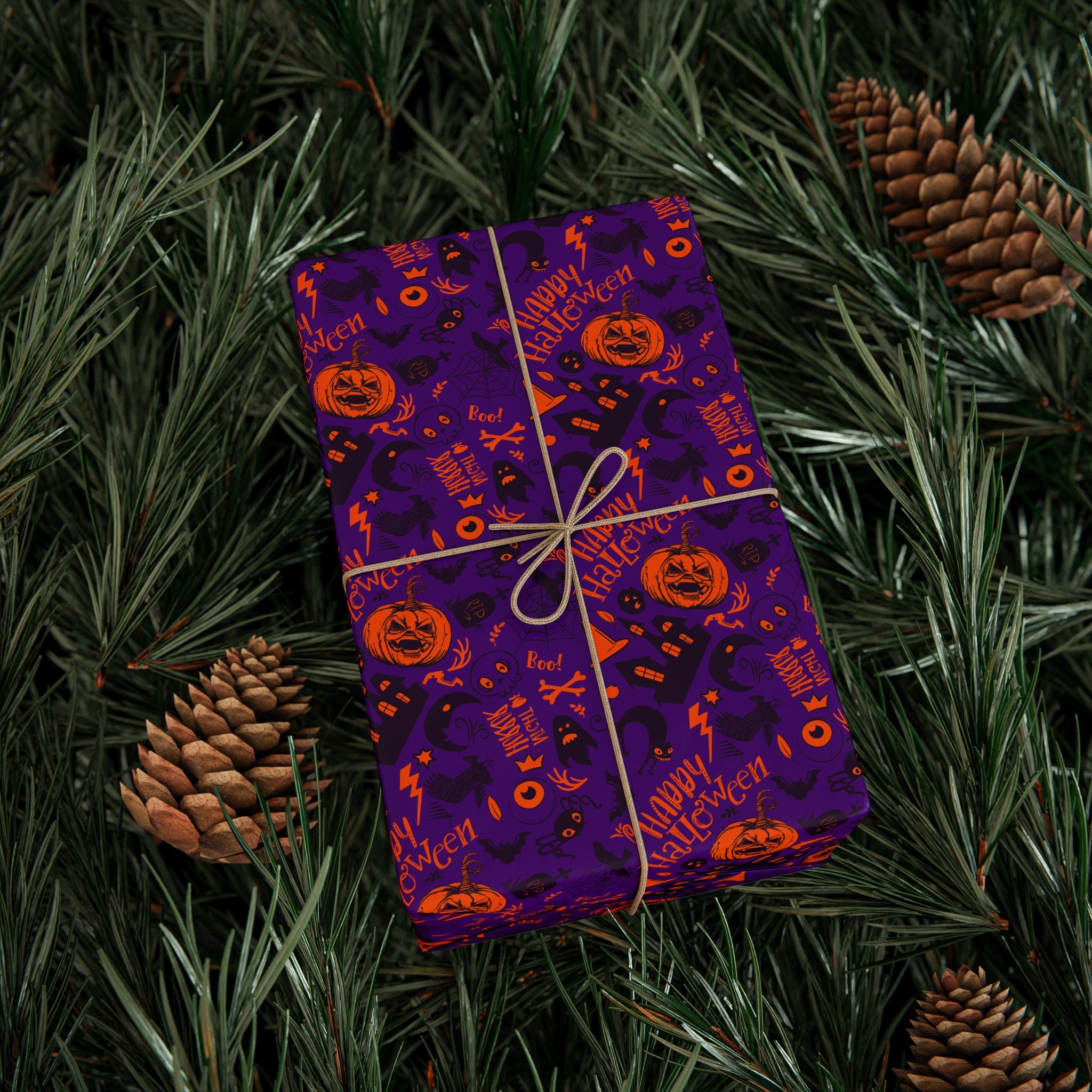 Halloween Icons on Purple Wrapping Paper | Holiday Gift Wrapping Paper Roll