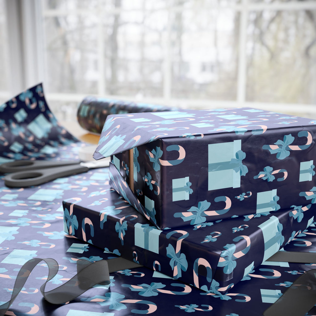 Christmas Blue Candy Canes Wrapping Paper | Holiday Gift Wrapping Paper