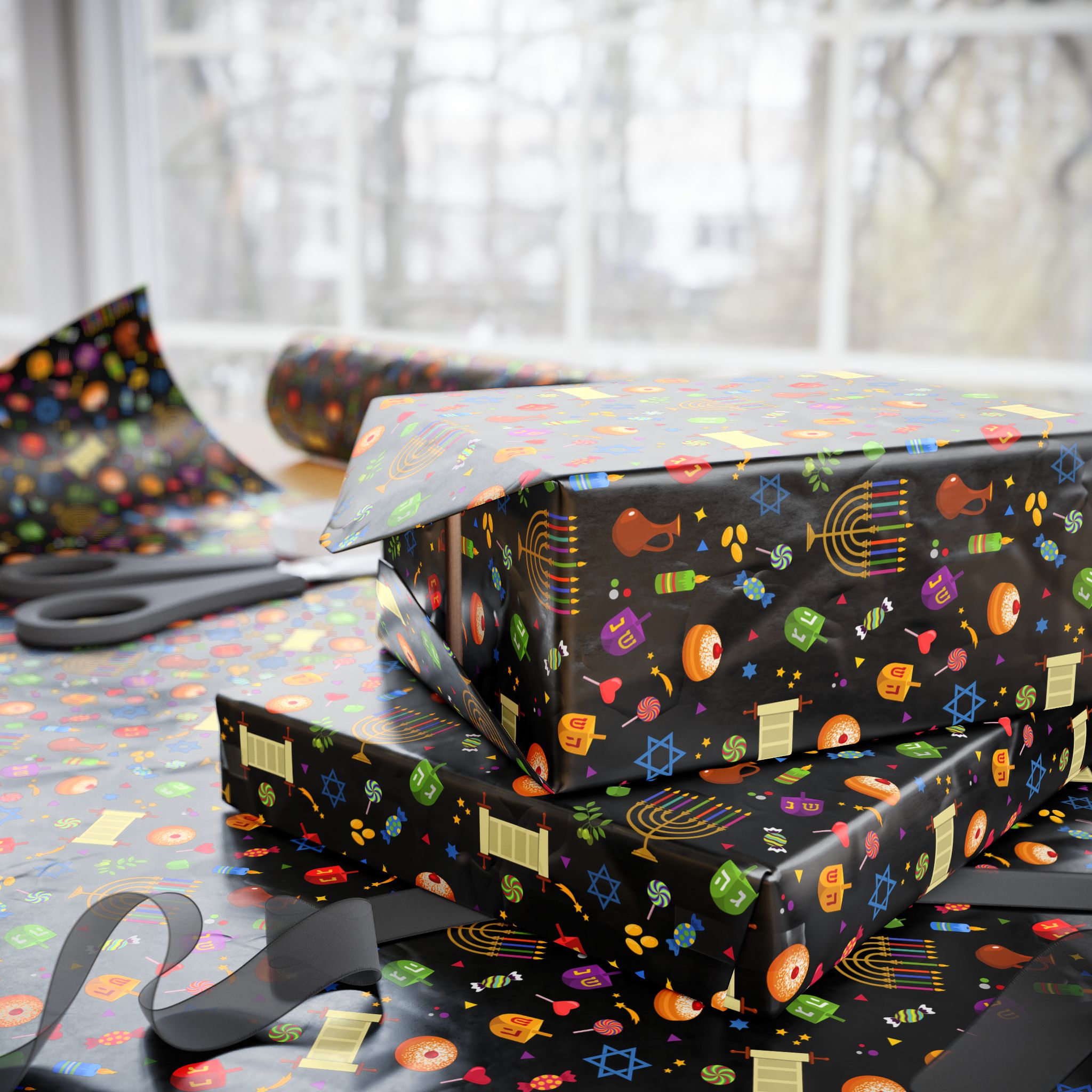 Hanukkah Dark Colors Wrapping Paper | Holiday Gift Wrapping Paper Roll