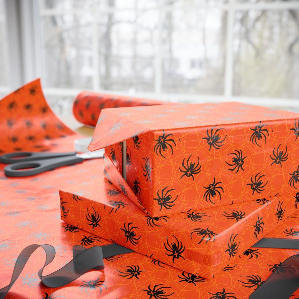 Halloween Orange Spiderwebs Wrapping Paper | Holiday Gift Wrapping Paper