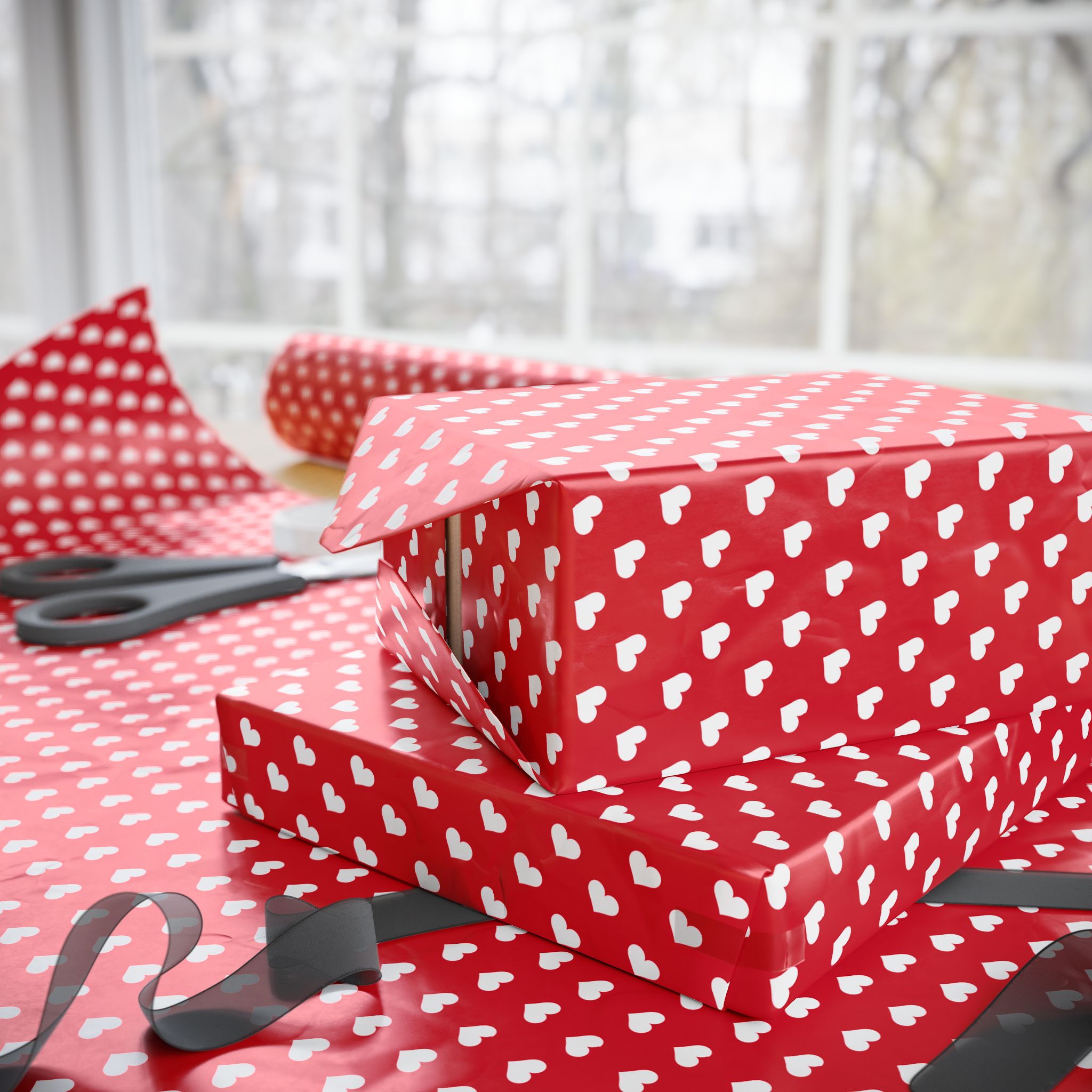 Valentine’s Day White Hearts on Red Wrapping Paper | Holiday Gift Wrapping Paper Roll