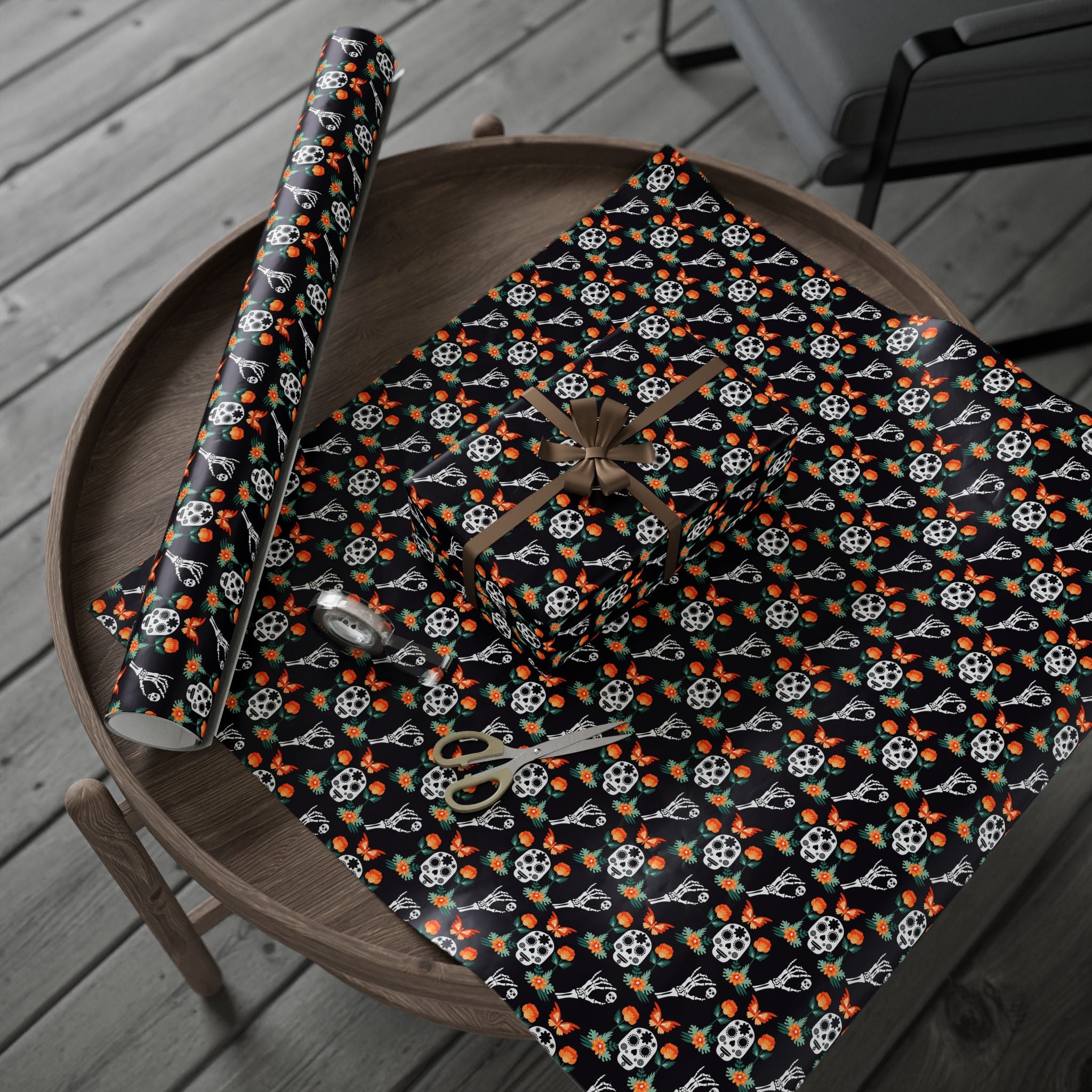 Day of the Dead Marigold Skulls Wrapping Paper | Holiday Gift Wrapping Paper Roll