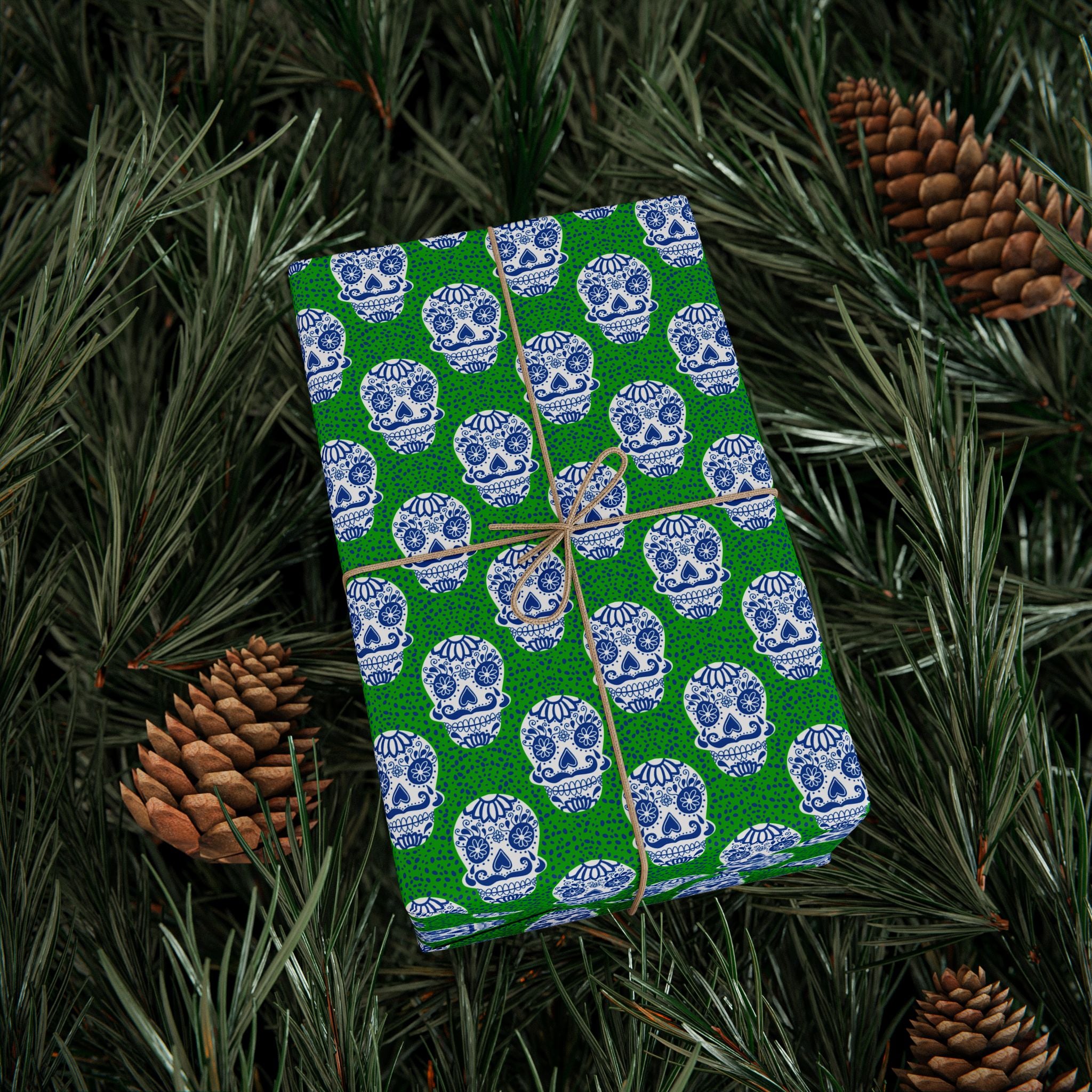 Day of the Dead Sugar Skulls on Green Wrapping Paper | Holiday Gift Wrapping Paper Roll