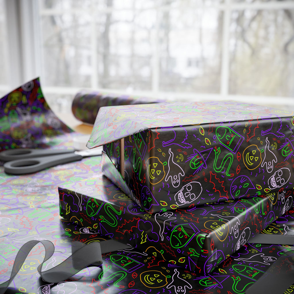 Halloween Neon Faces Wrapping Paper | Holiday Gift Wrapping Paper Roll