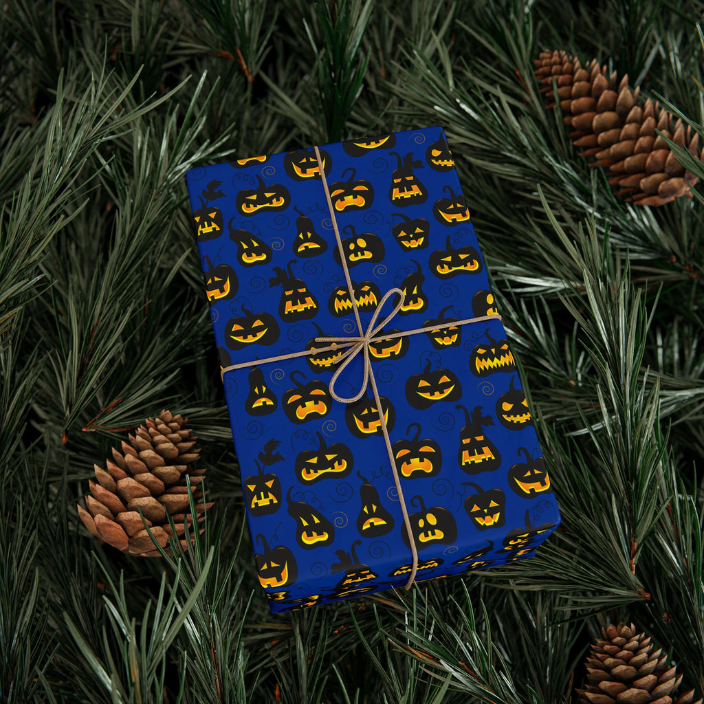 Halloween Jack-O-Lanterns on Blue Wrapping Paper | Holiday Gift Wrapping Paper