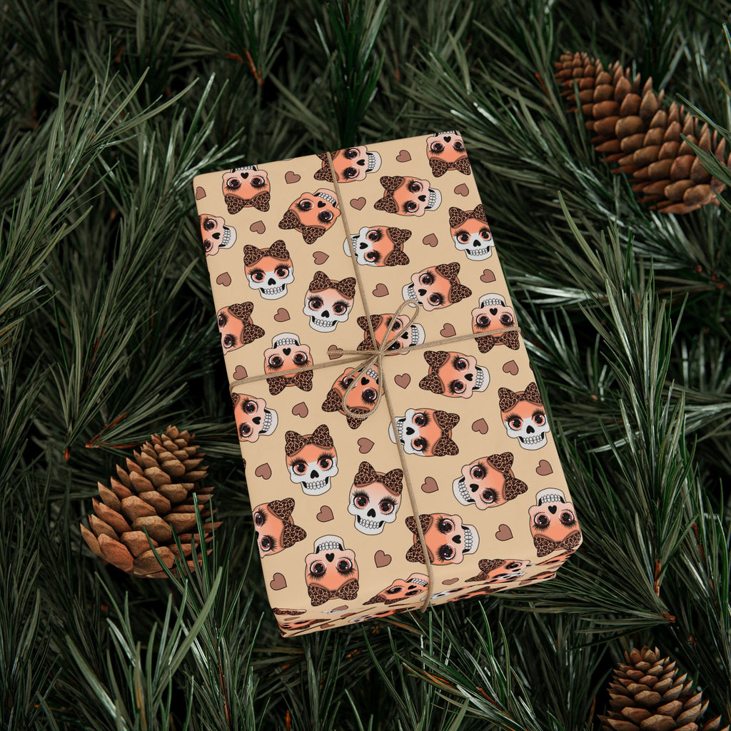 Day of the Dead Leopard Bow Skulls Wrapping Paper | Holiday Gift Wrapping Paper Roll