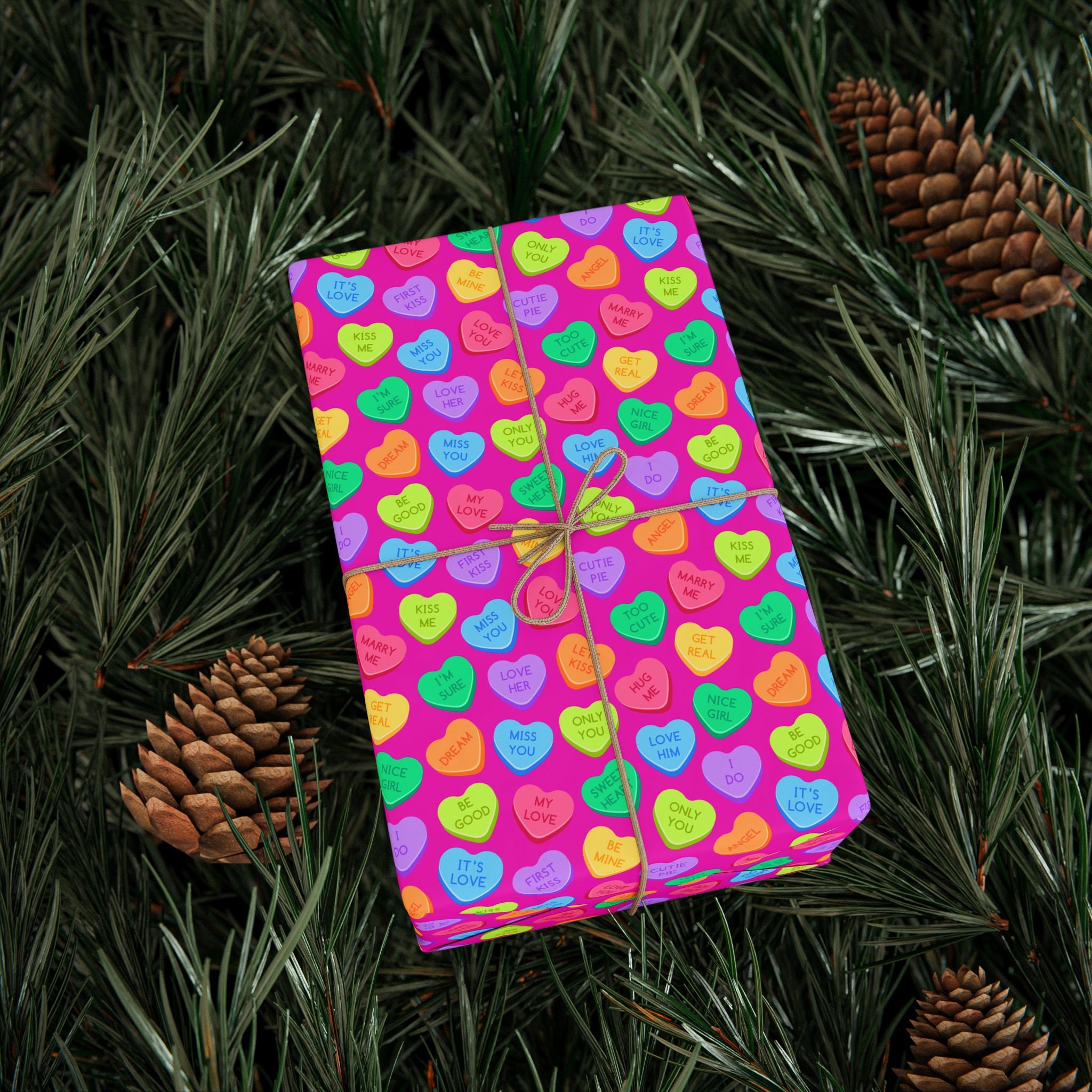 Valentine's Day Candy Hearts on Pink Wrapping Paper | Holiday Gift Wrapping Paper Roll