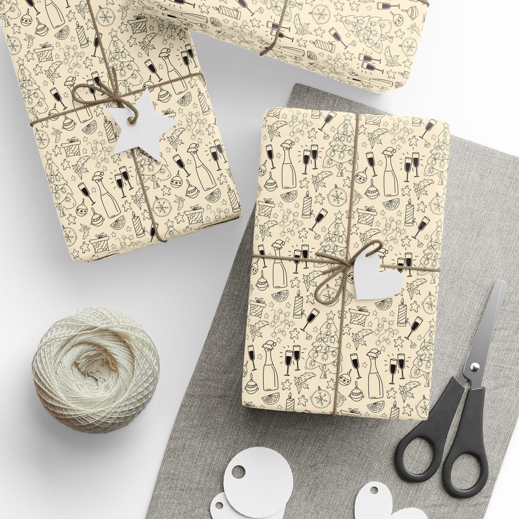 New Year's Line Art Celebration Wrapping Paper - Holiday Gift Wrapping Paper Roll