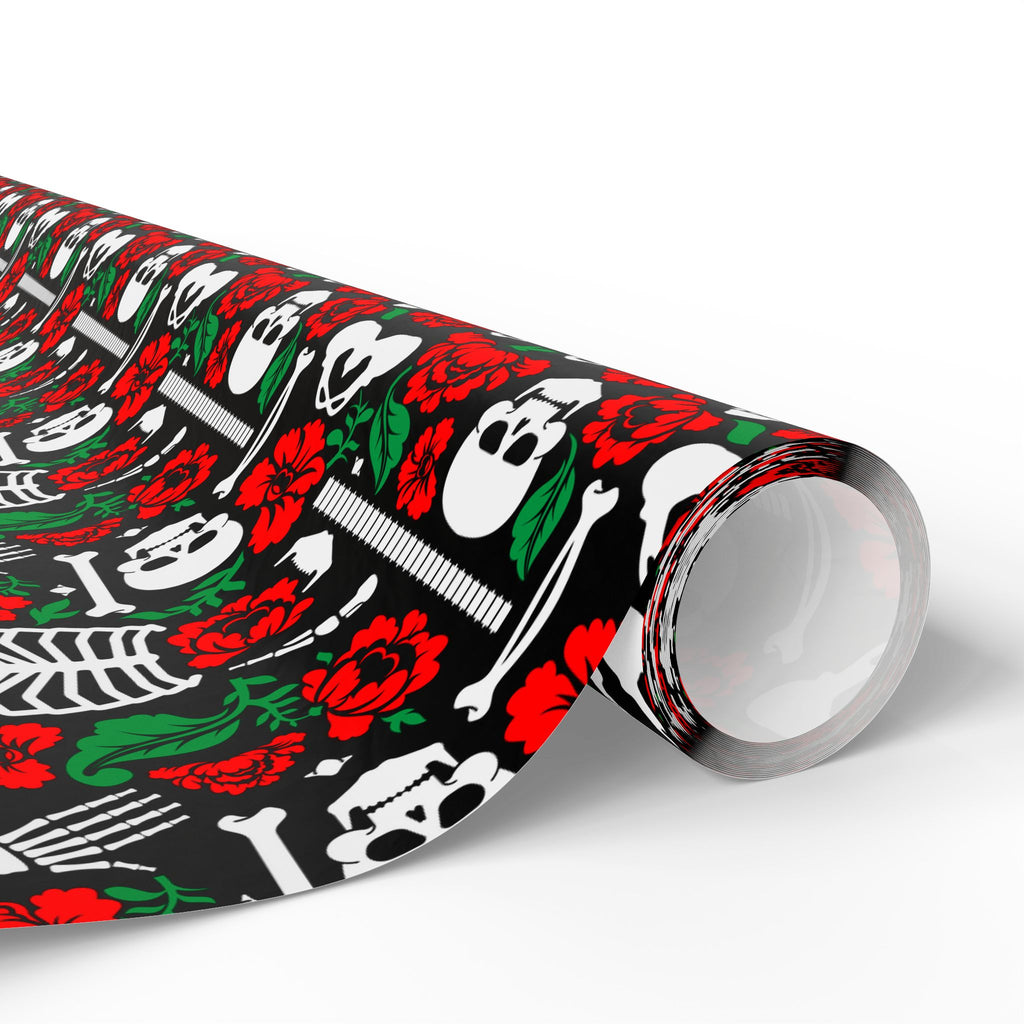 Day of the Dead Bones & Roses Wrapping Paper | Holiday Gift Wrapping Paper Roll