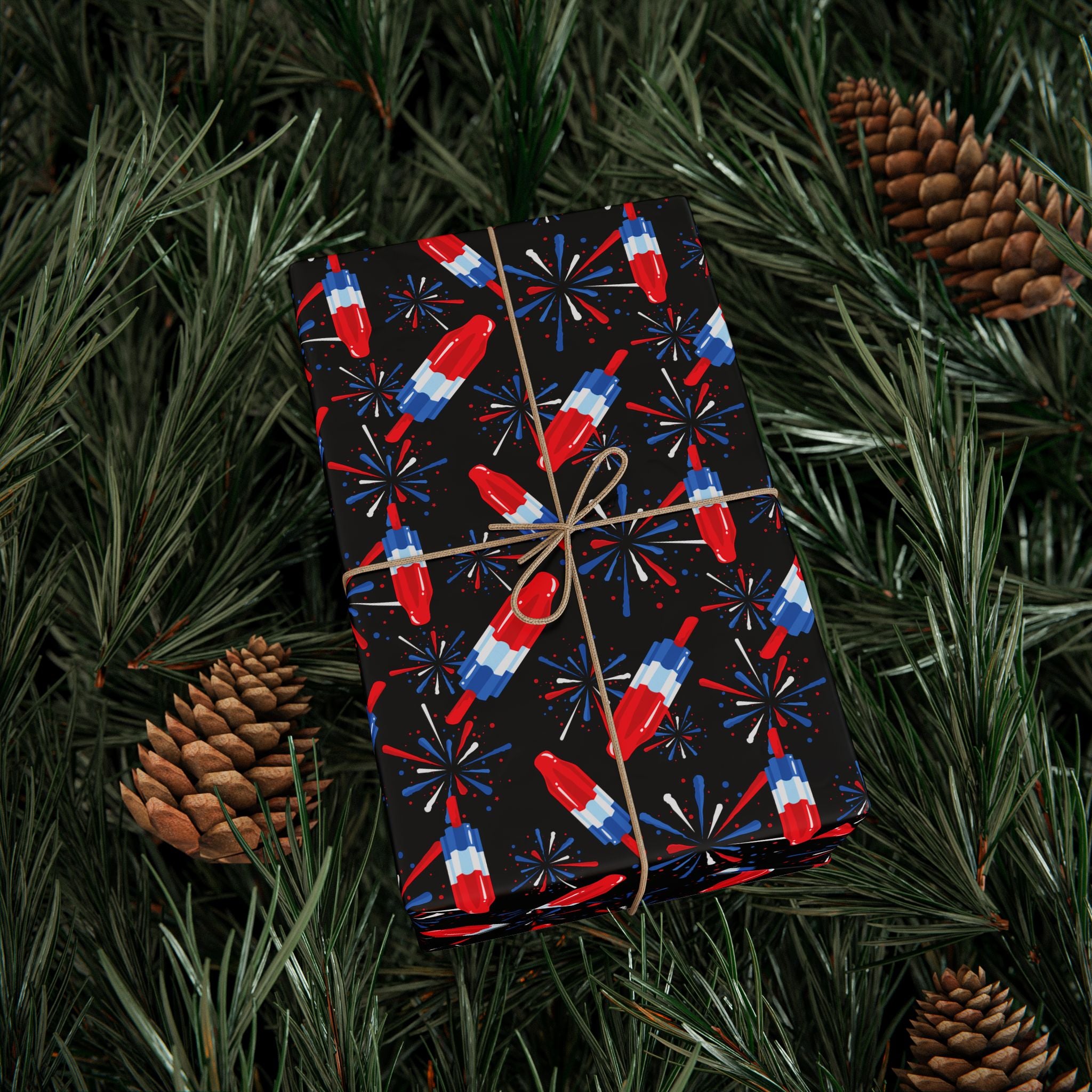 4th of July Rocket Pop on Black Wrapping Paper | Holiday Gift Wrapping Paper Roll