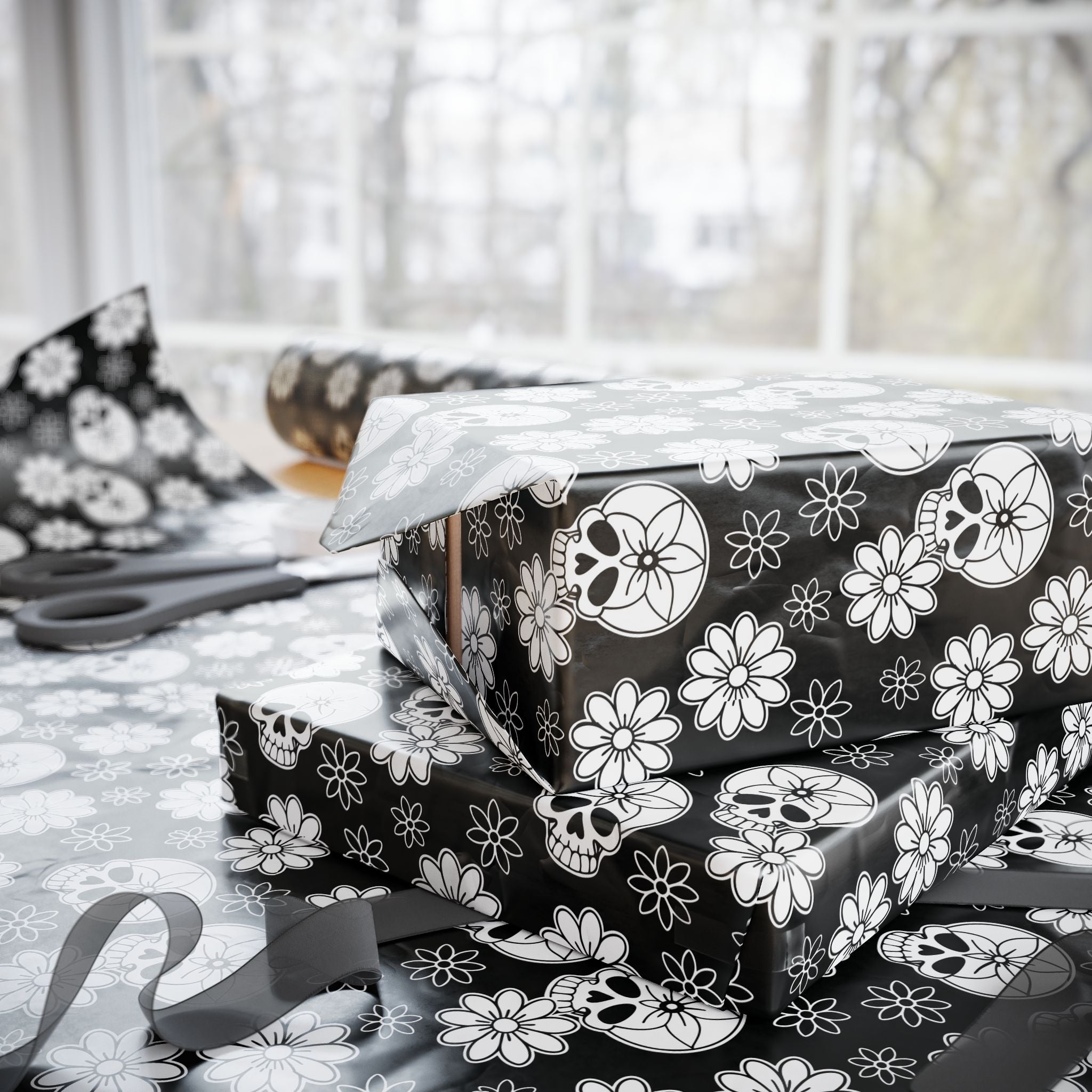 Day of the Dead Black Flower Head Wrapping Paper | Holiday Gift Wrapping Paper Roll