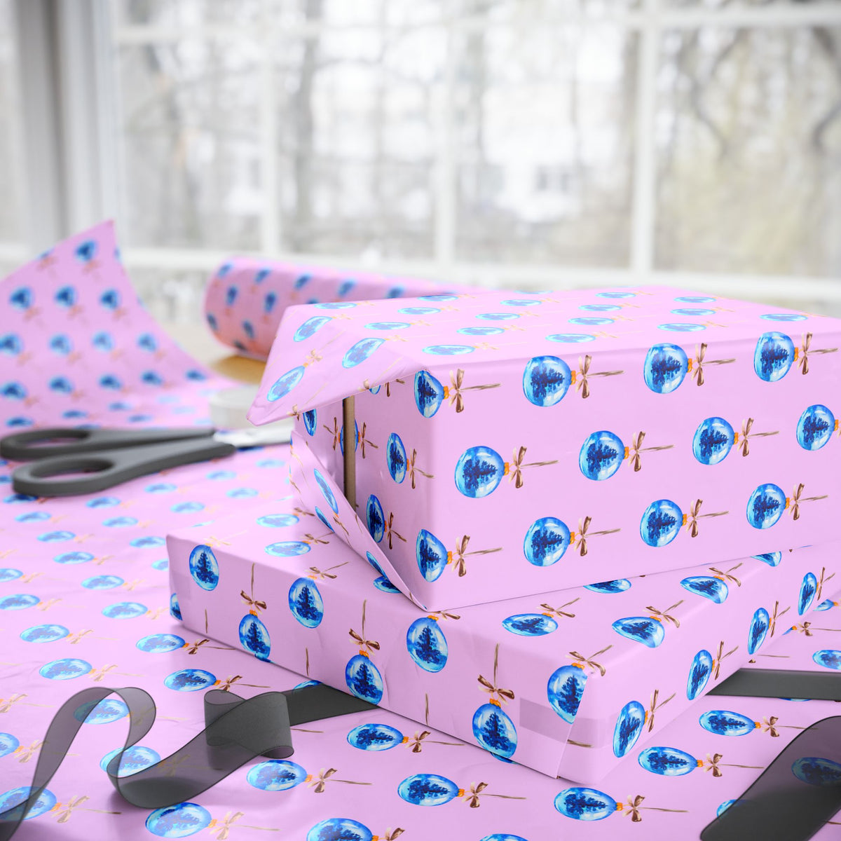 Christmas Glass Tree Ornaments Wrapping Paper | Holiday Gift Wrapping Paper Roll