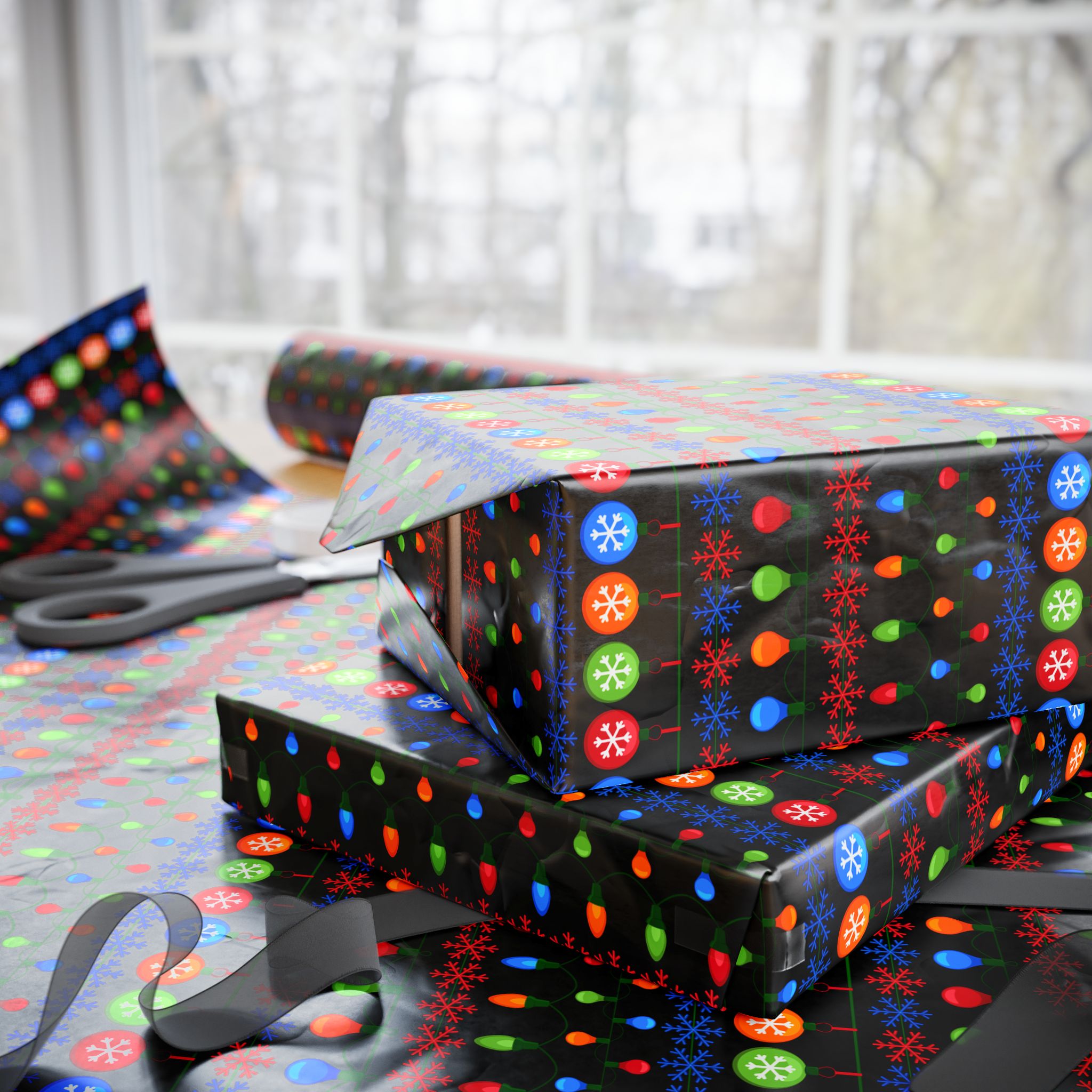Christmas Ugly Lights Black Wrapping Paper | Holiday Gift Wrapping Paper Roll