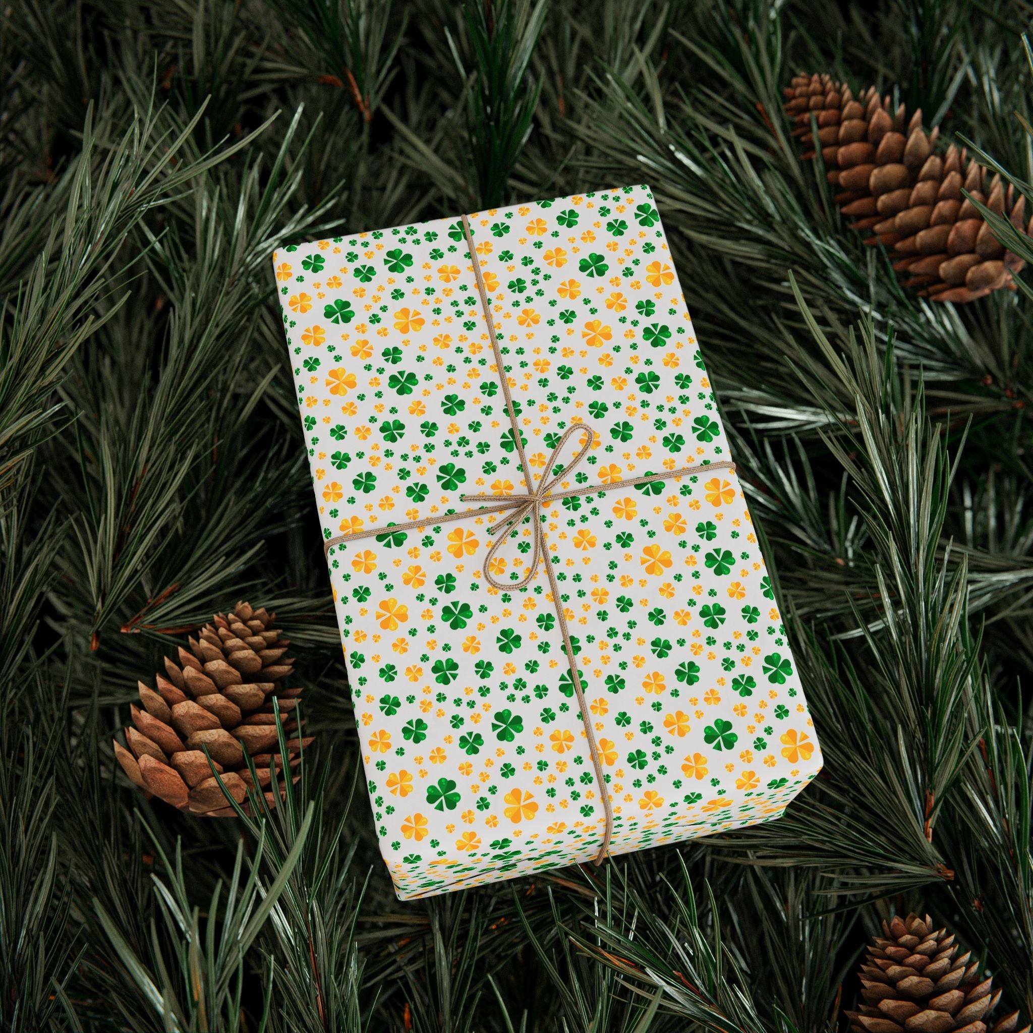 St Patrick's Day Green & Gold Clover Wrapping Paper | Holiday Gift Wrapping Paper Roll