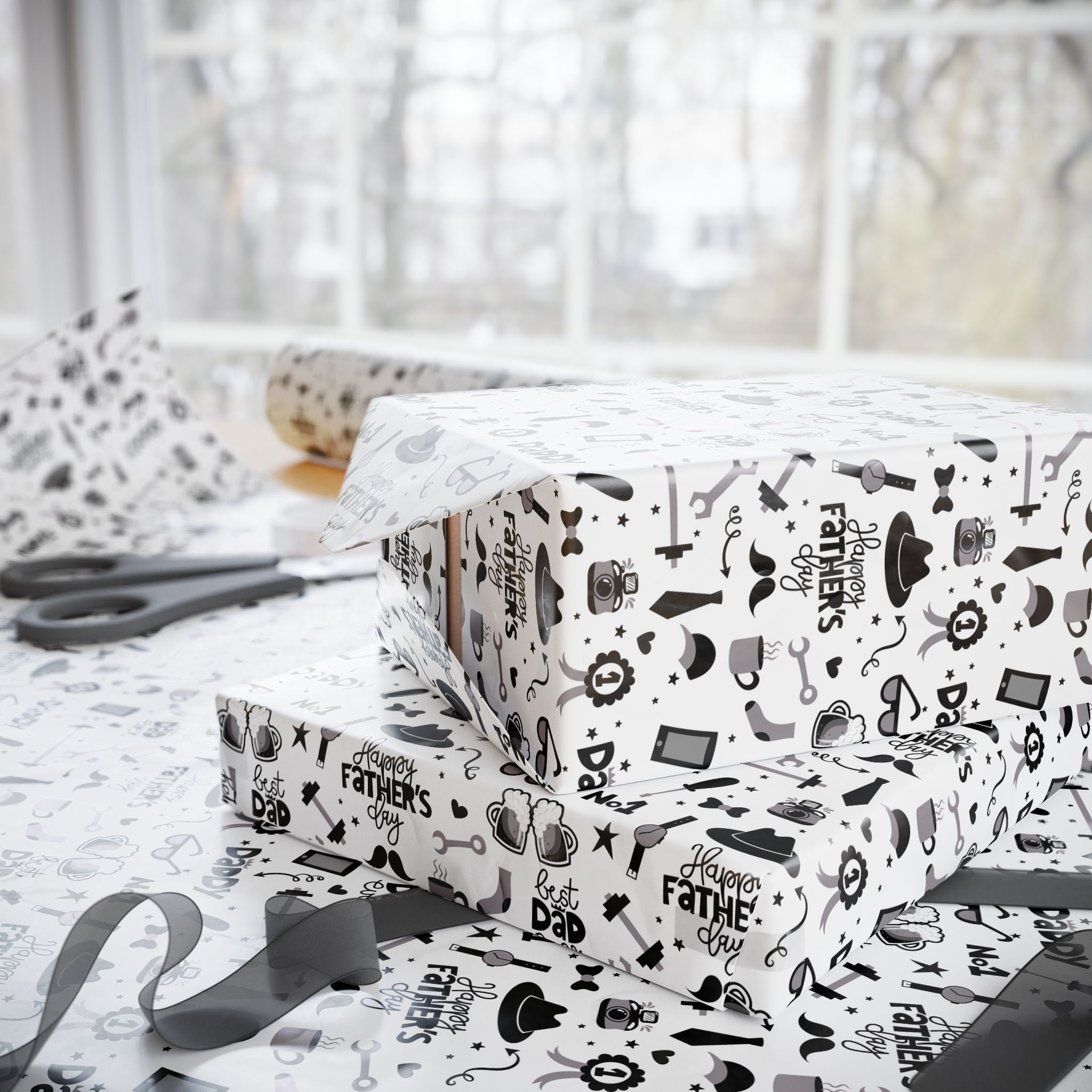 Father's Day Black & White Wrapping Paper - Holiday Gift Wrapping Paper Roll