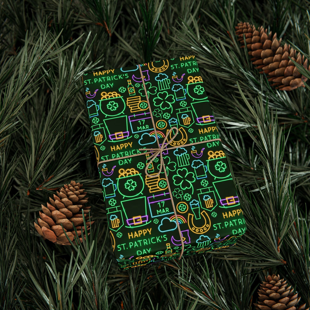 St Patrick's Day Neon Icons Wrapping Paper | Holiday Gift Wrapping Paper Roll