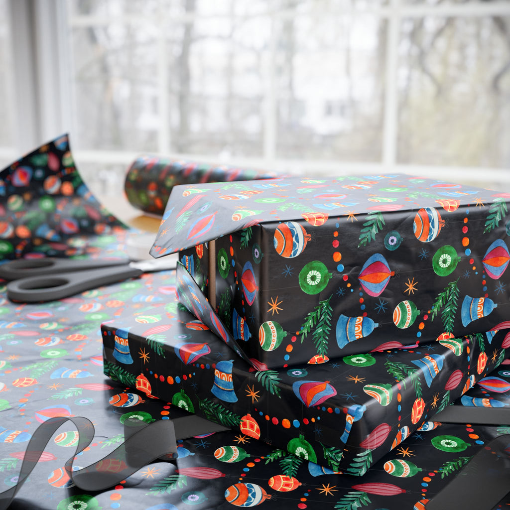 Christmas Watercolor Ornaments Wrapping Paper | Holiday Gift Wrapping Paper Roll