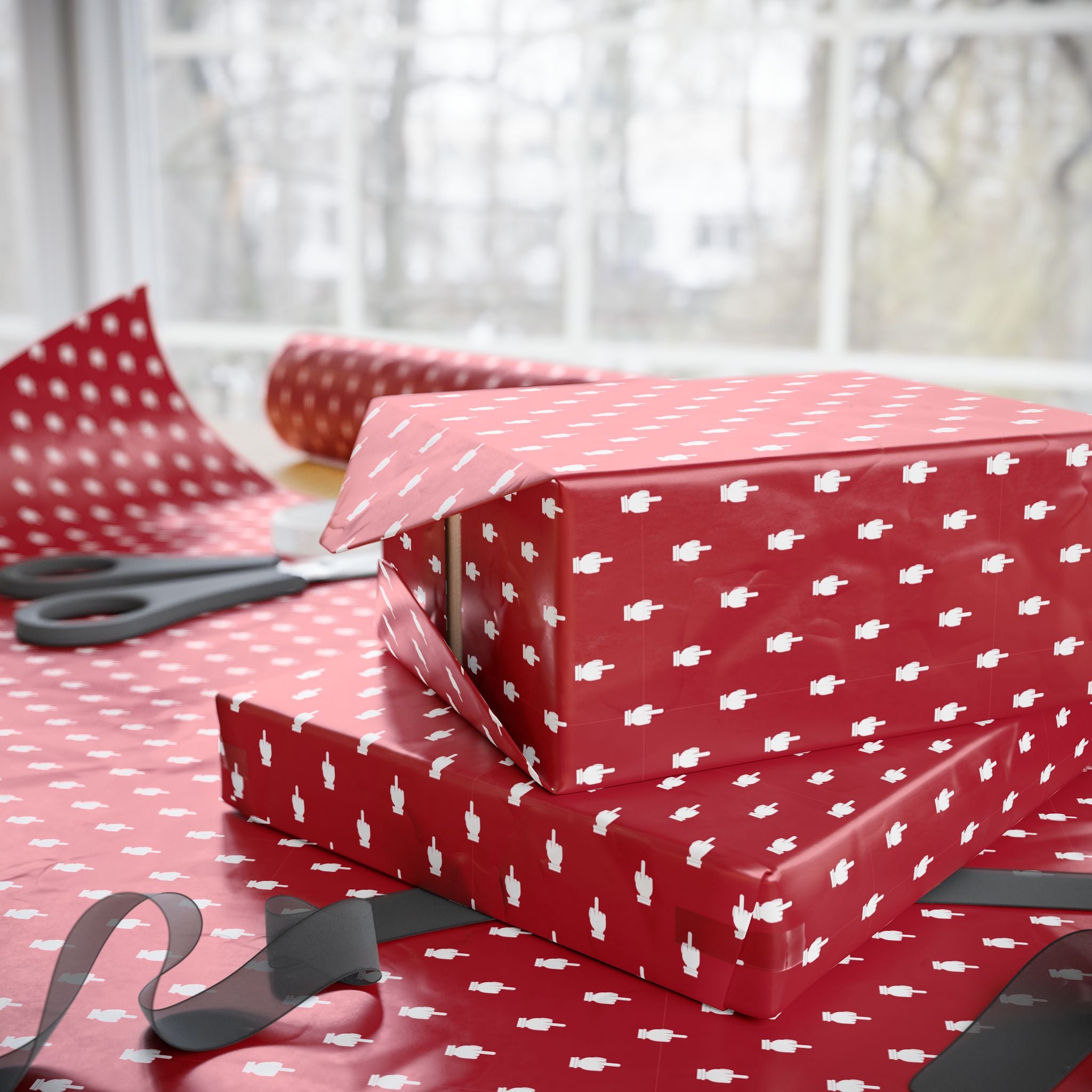 NSFW Friendly Hello Middle Finger on Red Wrapping Paper - Holiday Gift Wrapping Paper Roll