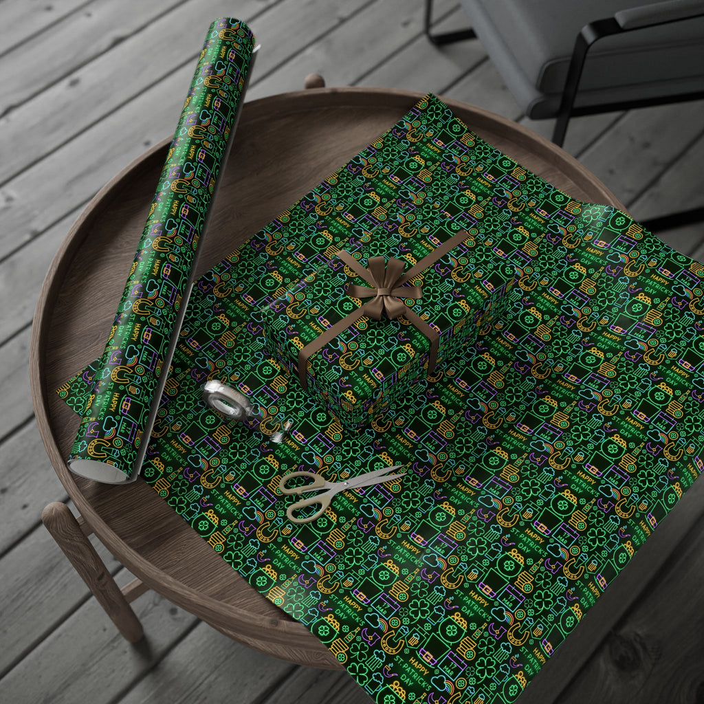 St Patrick's Day Neon Icons Wrapping Paper | Holiday Gift Wrapping Paper Roll
