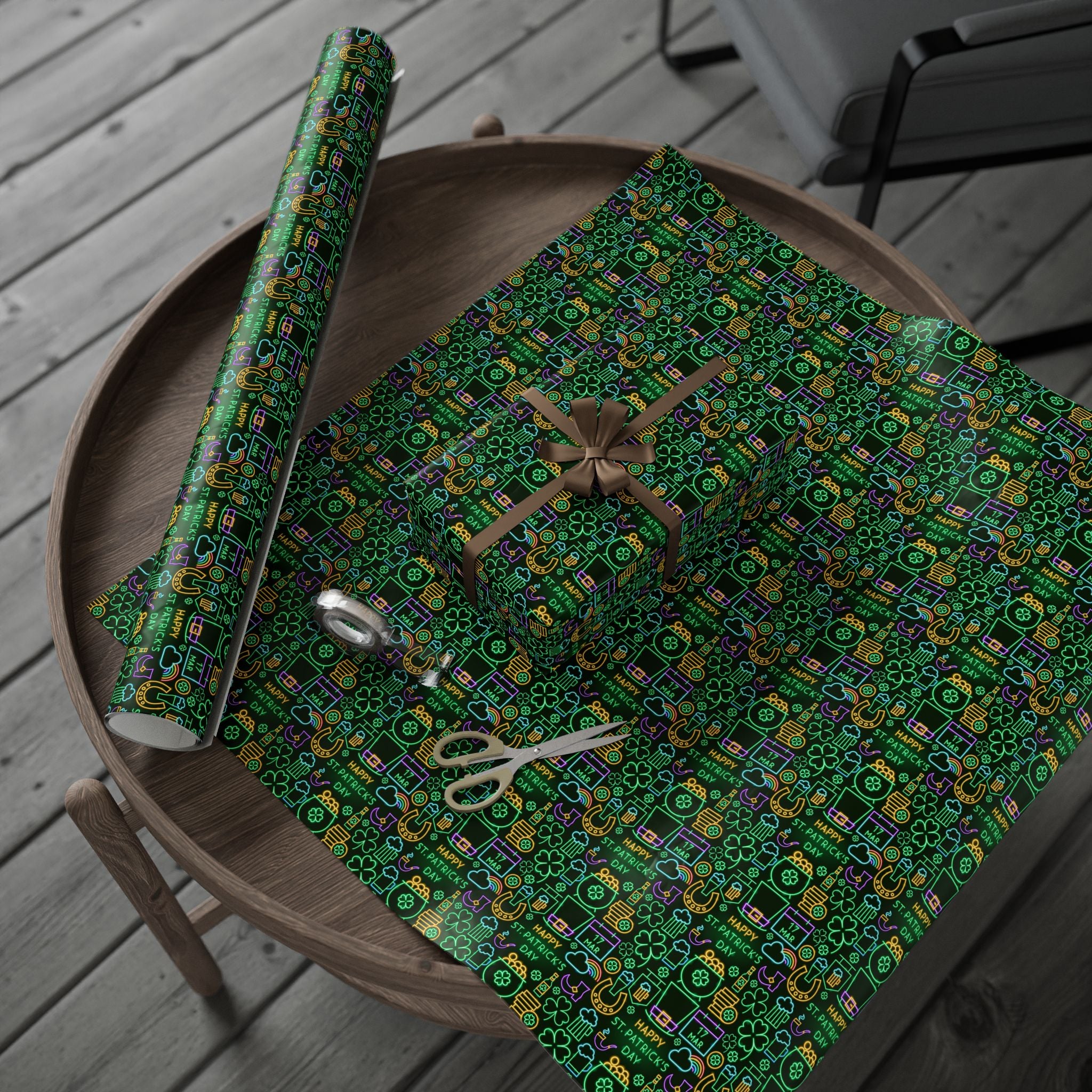 St Patrick's Day Neon Icons Wrapping Paper | Holiday Gift Wrapping Paper Roll