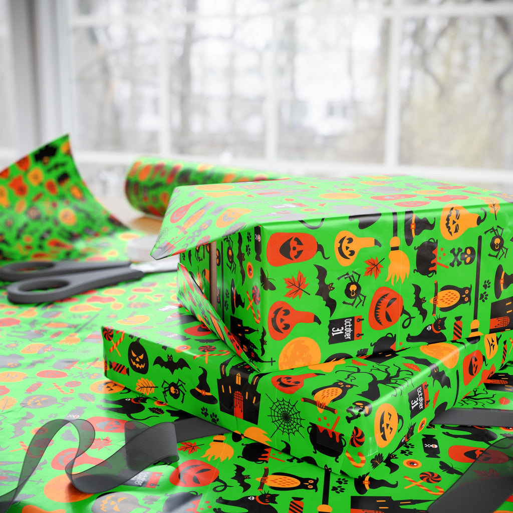 Halloween Black Cat Collage on Neon Green Wrapping Paper | Holiday Gift Wrapping Paper Roll