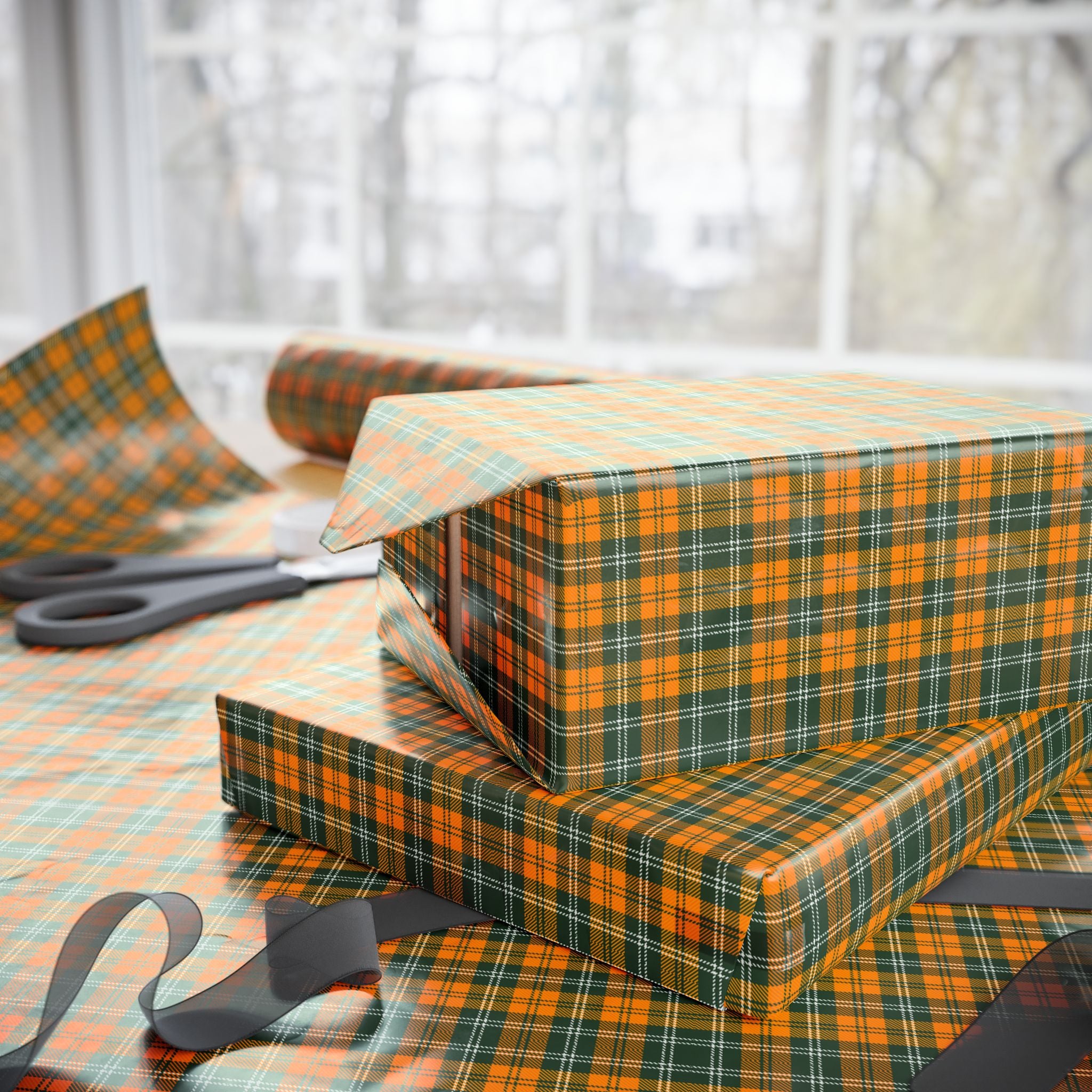 St Patrick's Day Orange Irish Tartan Wrapping Paper | Holiday Gift Wrapping Paper Roll