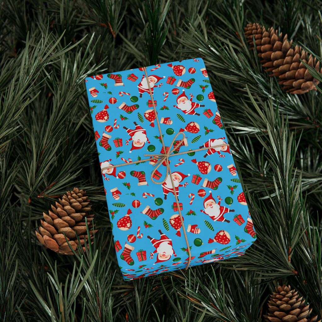 Christmas Santa's Stockings Sky Blue Wrapping Paper | Holiday Gift Wrapping Paper Roll