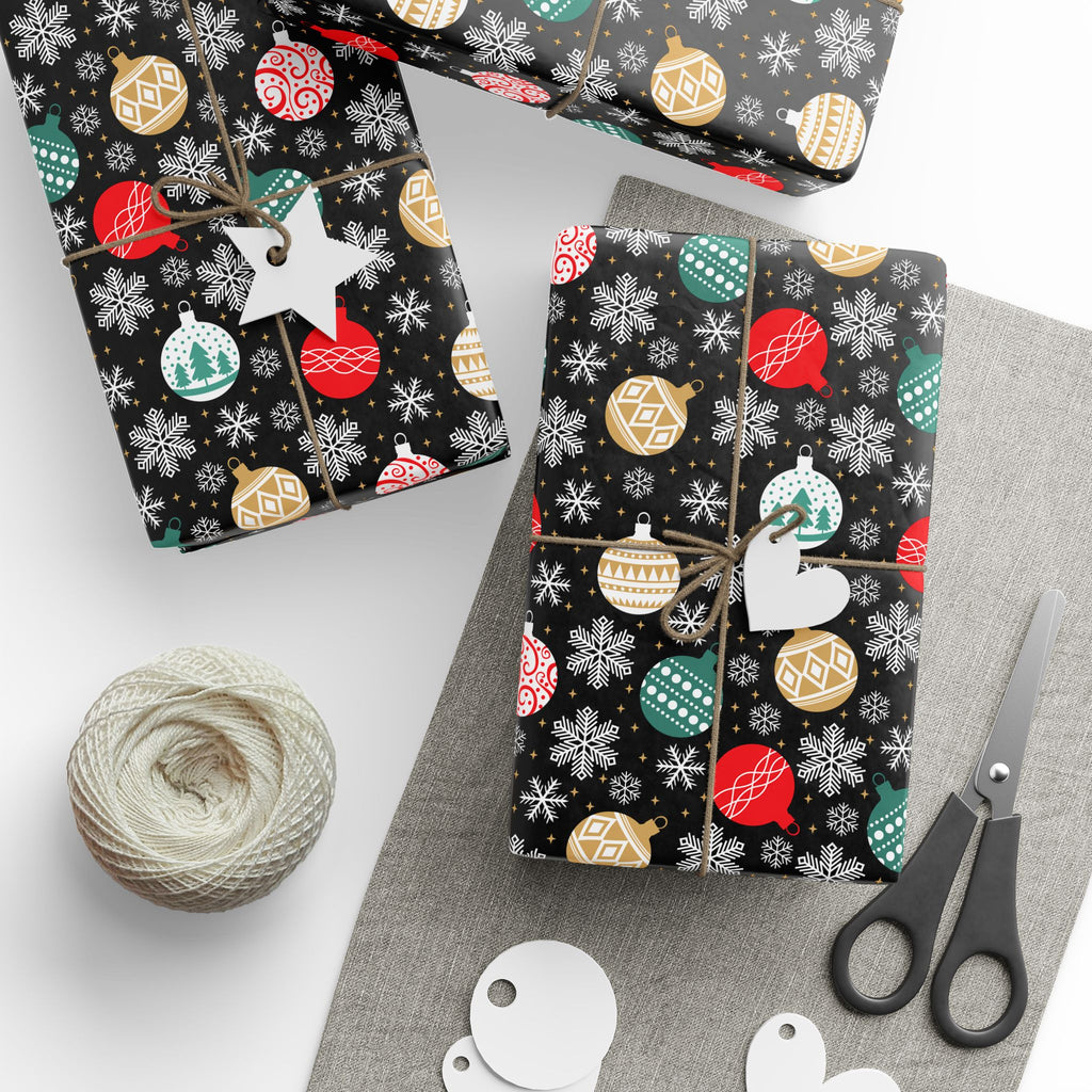 Christmas Snow Falling Ornaments Wrapping Paper | Holiday Gift Wrapping Paper Roll