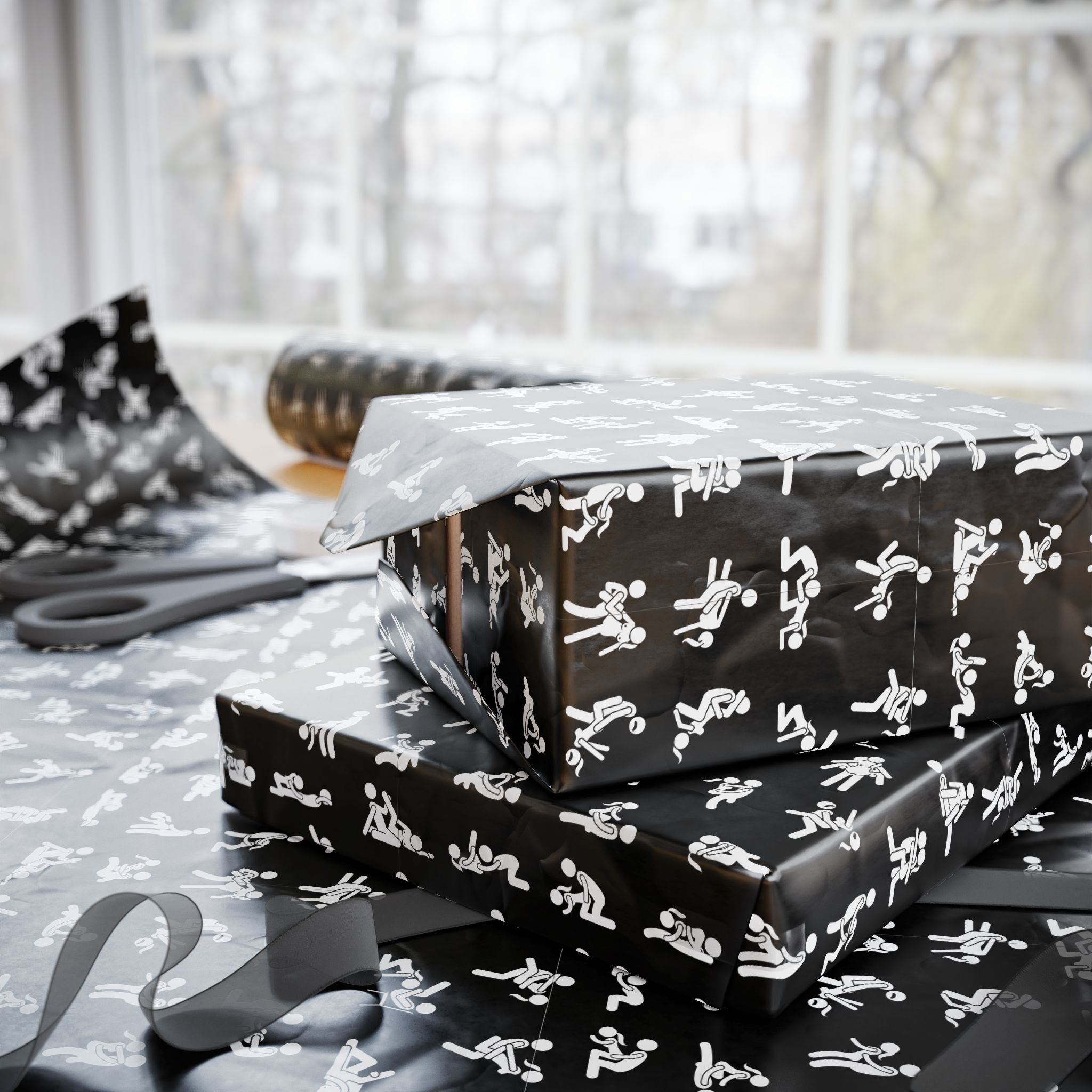 NSFW Stick Figure X Rated Fun on Black Wrapping Paper - Holiday Gift Wrapping Paper Roll