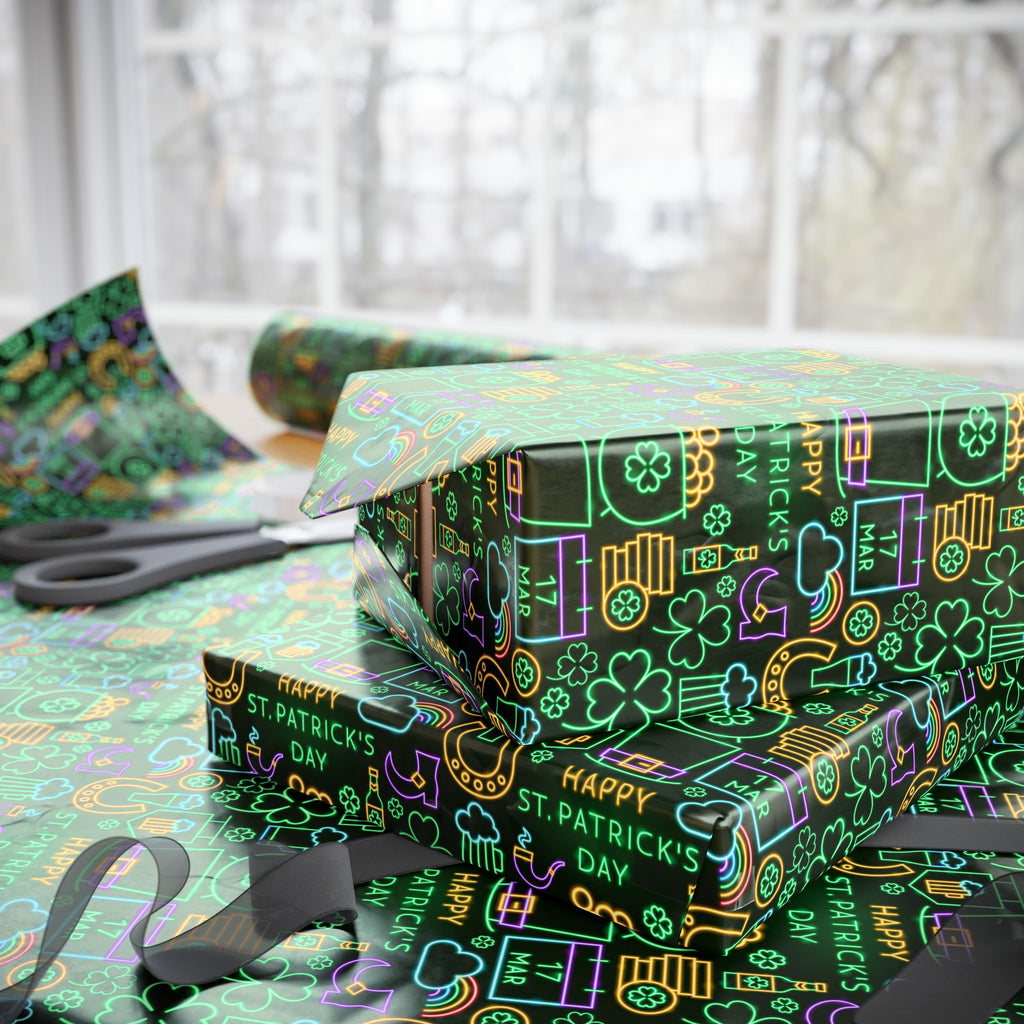 St Patrick's Day Neon Icons Wrapping Paper | Holiday Gift Wrapping Paper Roll