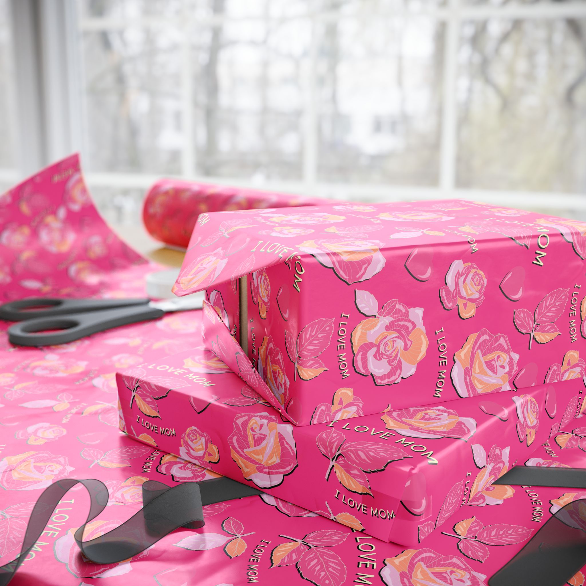Mother's Day Floral Silhouette Wrapping Paper - Holiday Gift Wrapping Paper Roll