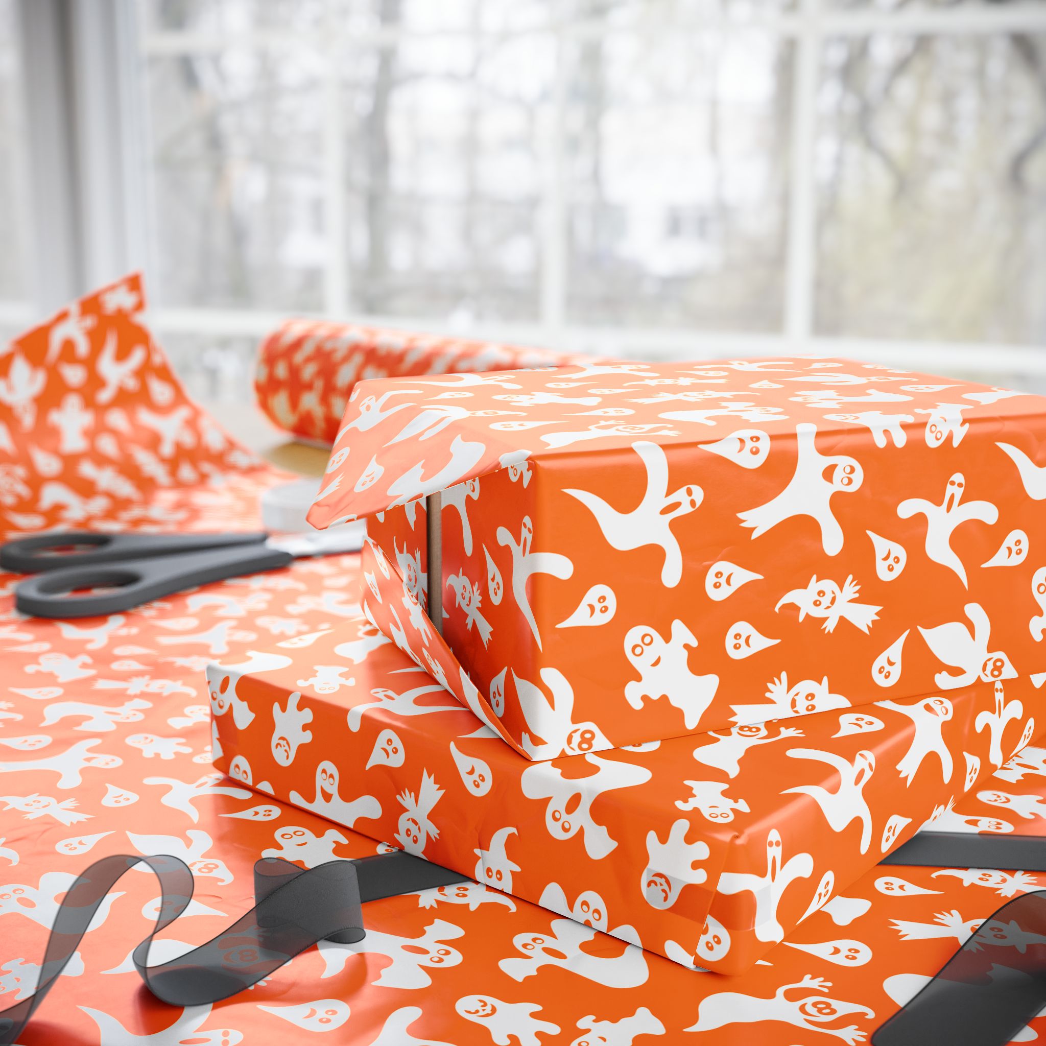 Halloween Cartoon Ghosts on Orange Wrapping Paper | Holiday Gift Wrapping Paper Roll