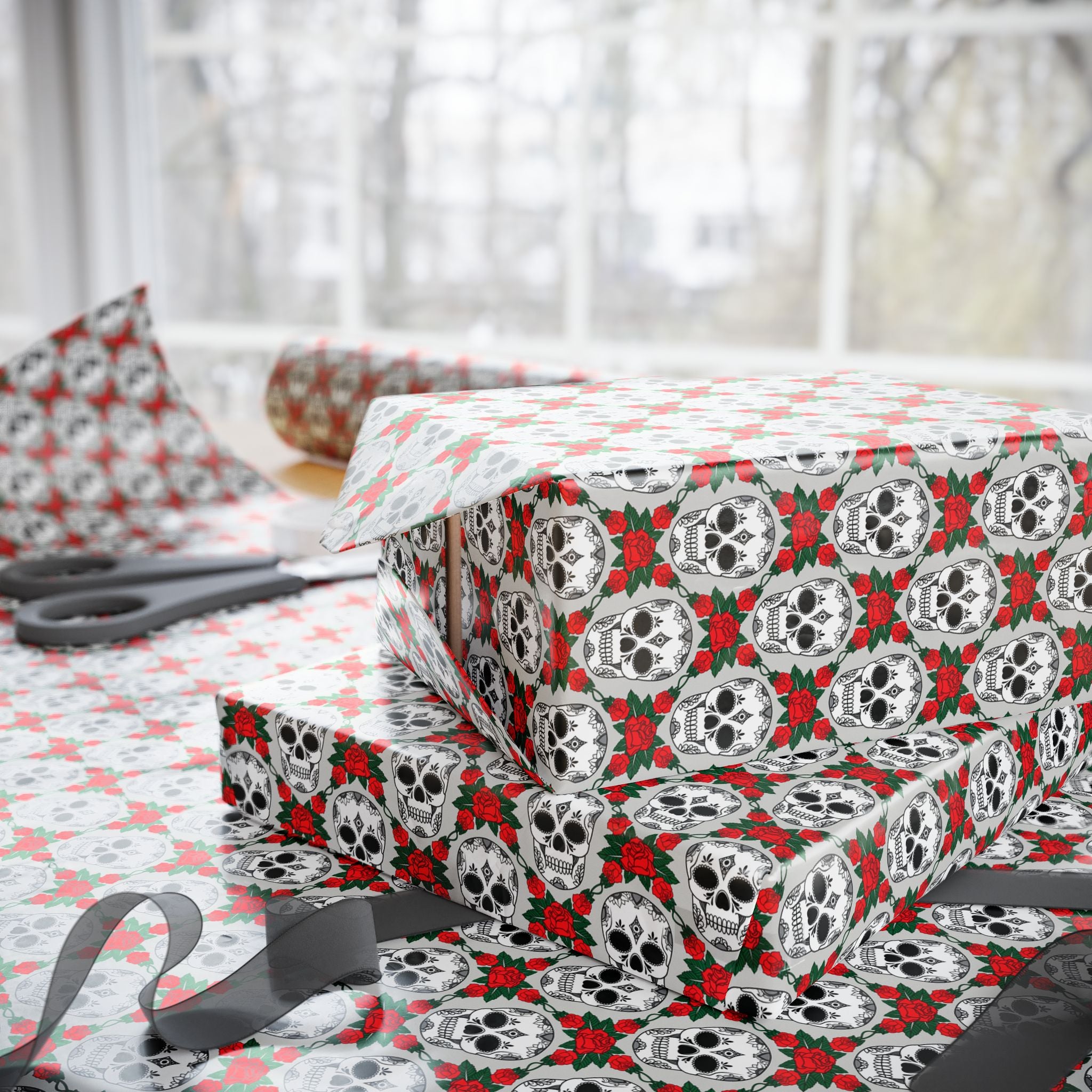 Day of the Dead Skulls & Roses Wrapping Paper | Holiday Gift Wrapping Paper Roll