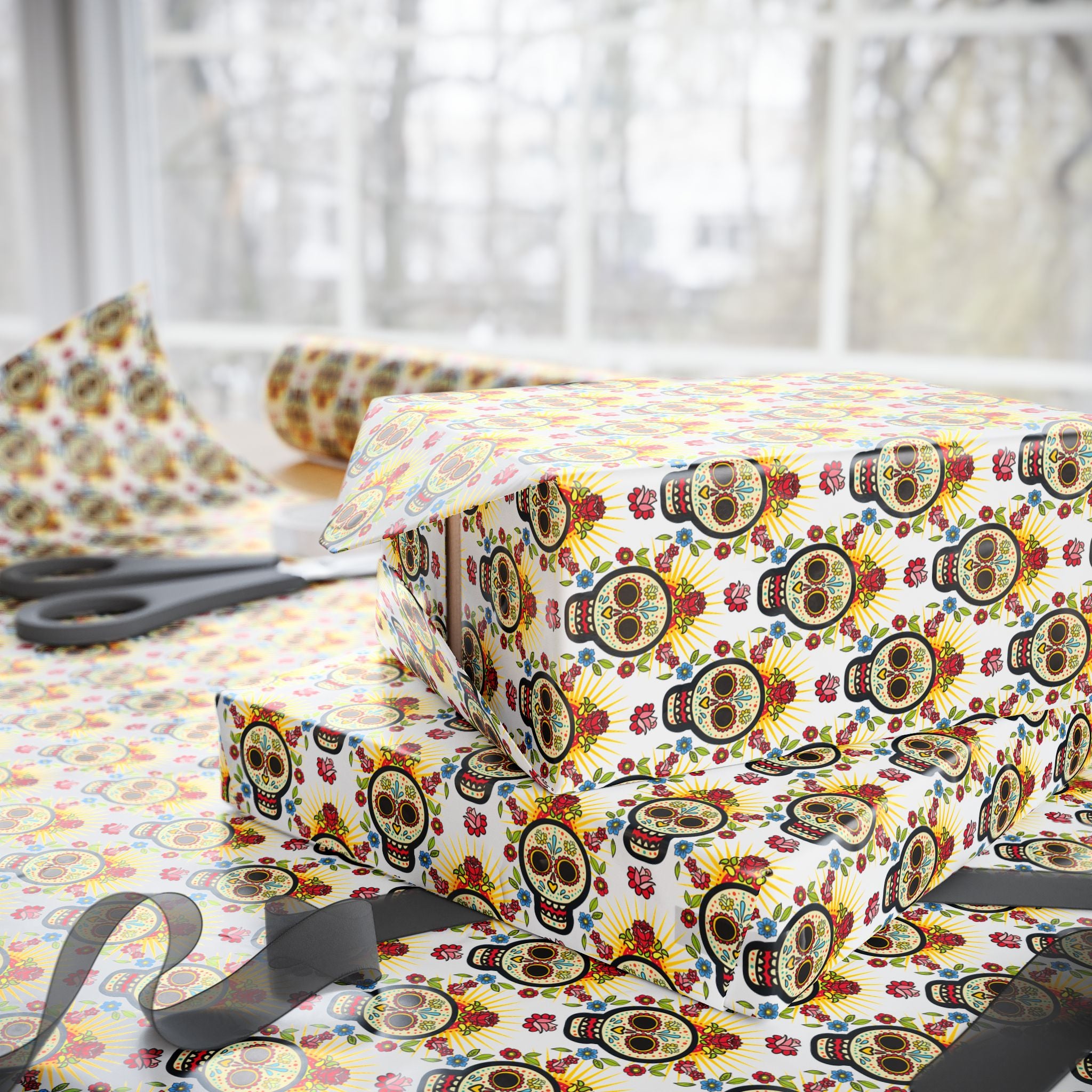 Day of the Dead Flowered Ornaments Wrapping Paper | Holiday Gift Wrapping Paper Roll