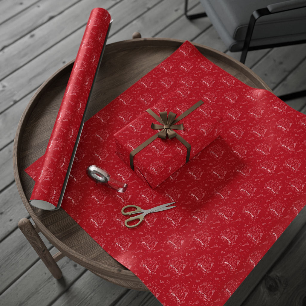 New Year's Hand Drawn Doodles on Red Wrapping Paper - Holiday Gift Wrapping Paper Roll