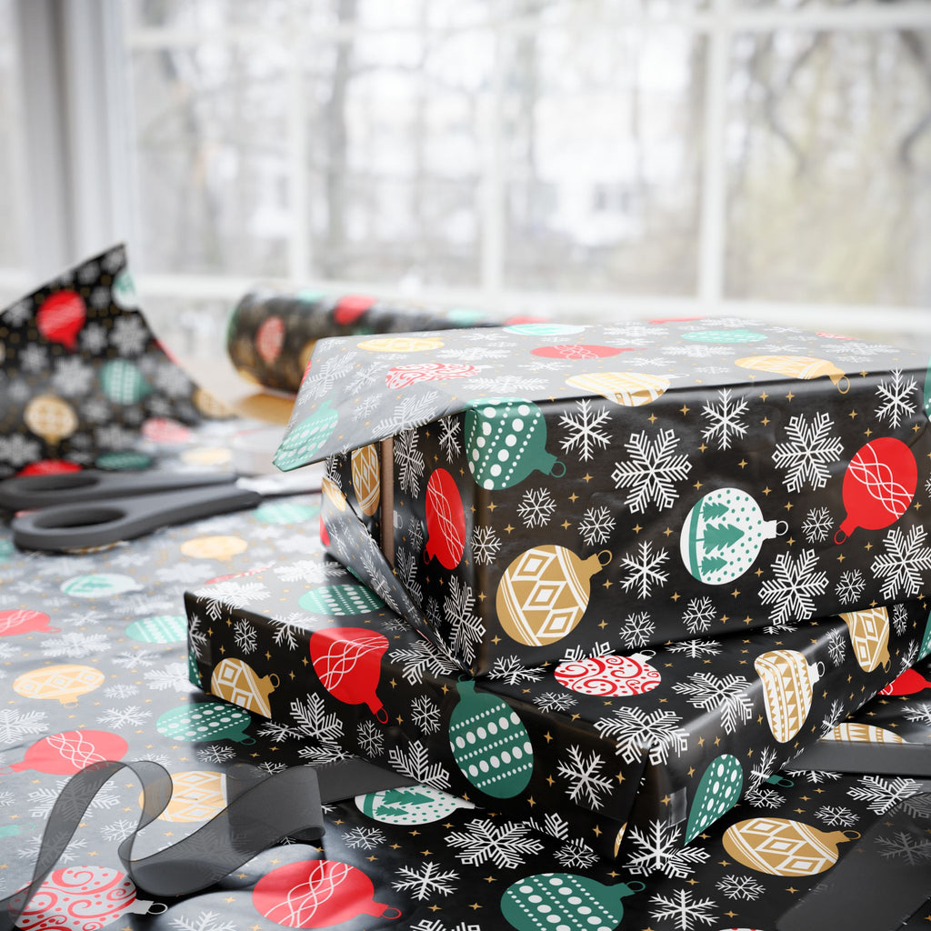 Christmas Snow Falling Ornaments Wrapping Paper | Holiday Gift Wrapping Paper Roll