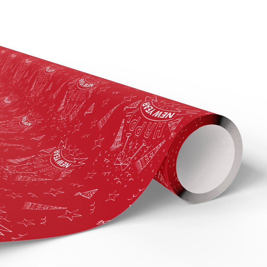 New Year's Hand Drawn Doodles on Red Wrapping Paper - Holiday Gift Wrapping Paper Roll