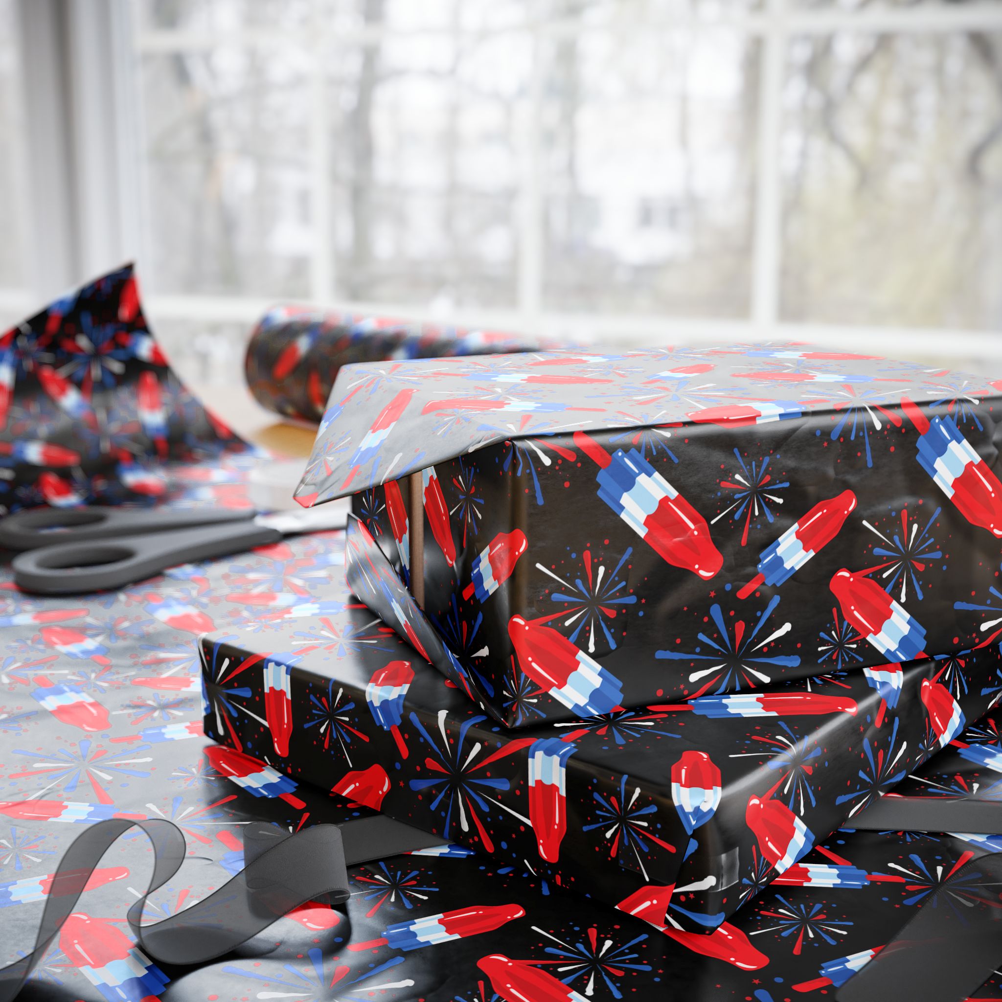 4th of July Rocket Pop on Black Wrapping Paper | Holiday Gift Wrapping Paper Roll