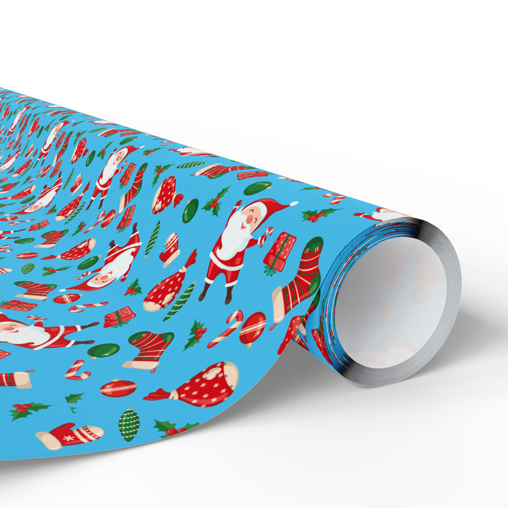 Christmas Santa's Stockings Sky Blue Wrapping Paper | Holiday Gift Wrapping Paper Roll