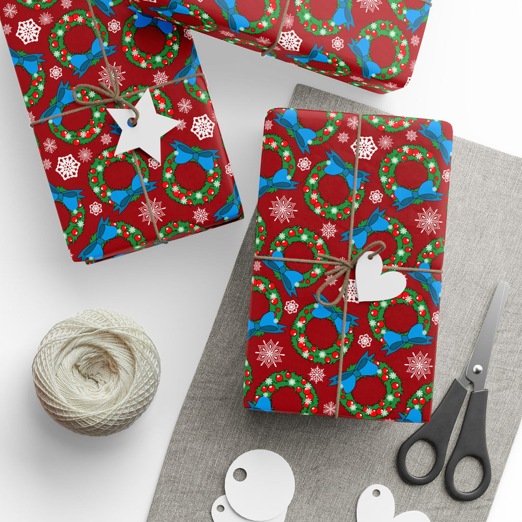Christmas Snowy Wreaths Wrapping Paper | Holiday Gift Wrapping Paper Roll