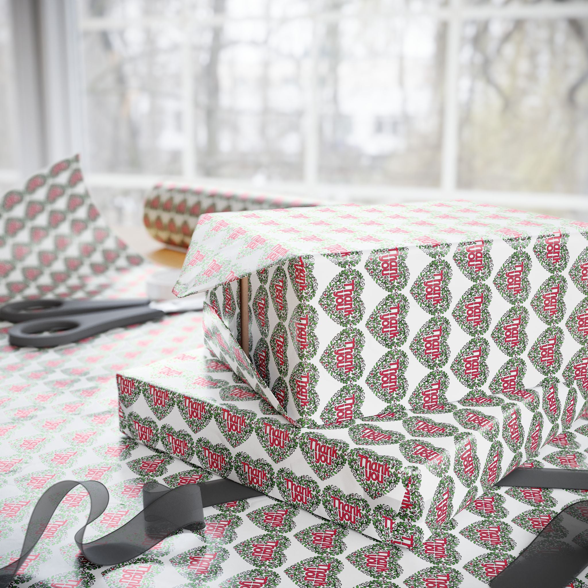 Thank You Flowering Heart Wreath Wrapping Paper Design | Holiday Gift Wrapping Paper Roll