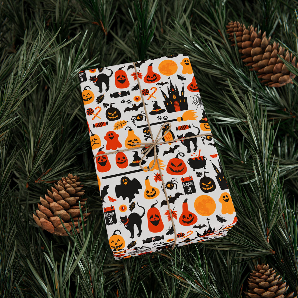 Halloween Black Cat Collage on White Wrapping Paper | Holiday Gift Wrapping Paper Roll