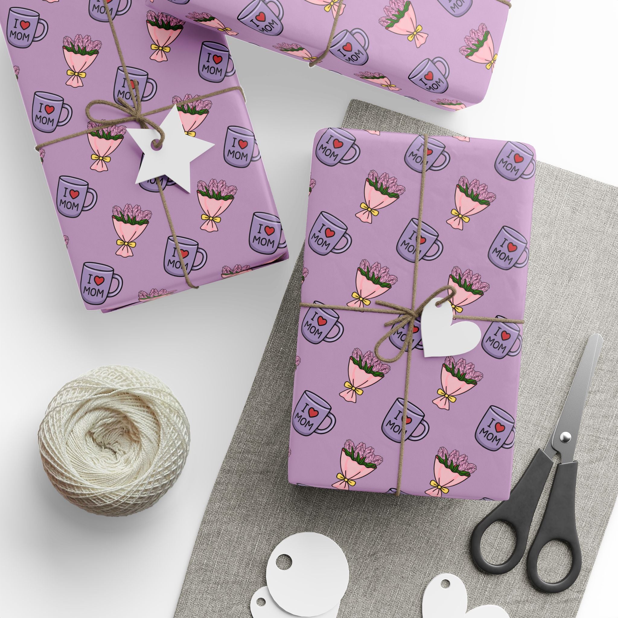 Mother's Day I Love Mom Coffee Cups Wrapping Paper - Holiday Gift Wrapping Paper Roll