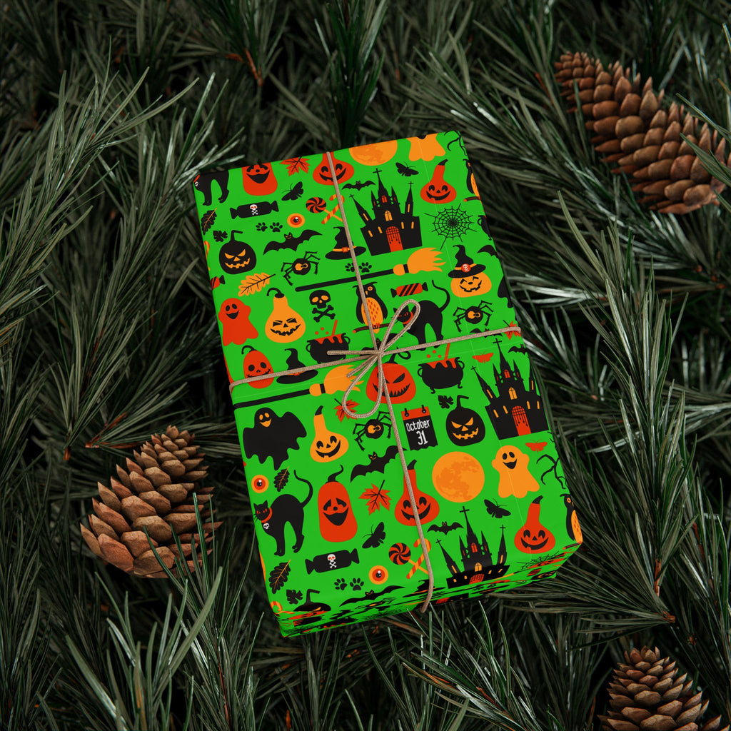 Halloween Black Cat Collage on Neon Green Wrapping Paper | Holiday Gift Wrapping Paper Roll